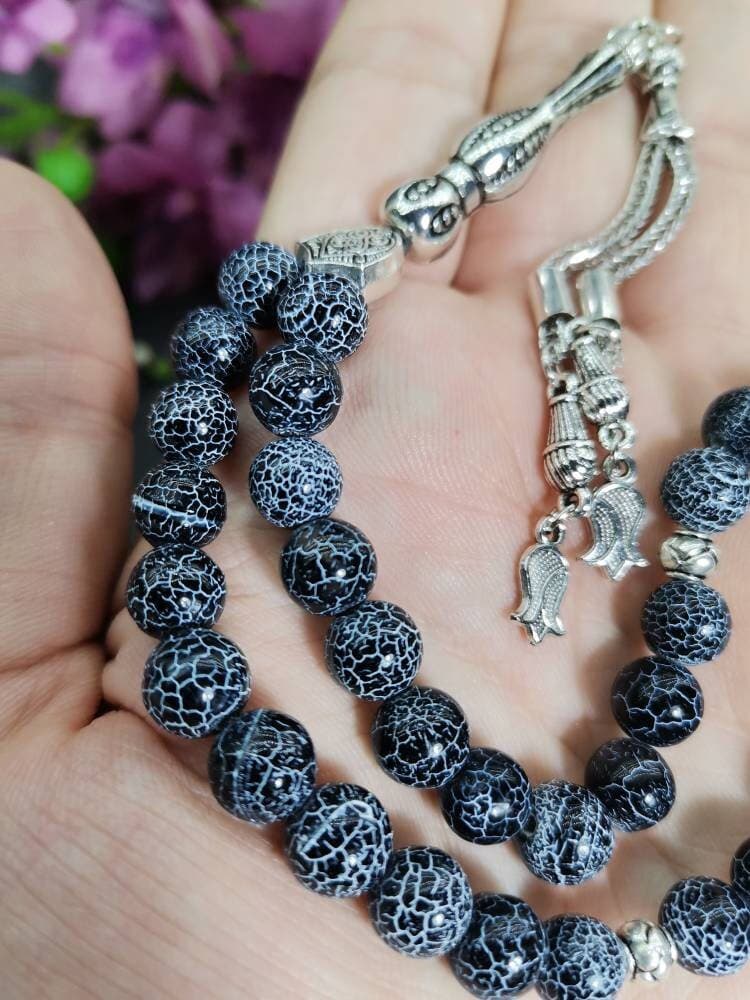 Black White Agate Tasbih: 33 Islamic Prayer Beads Rosary - image 4