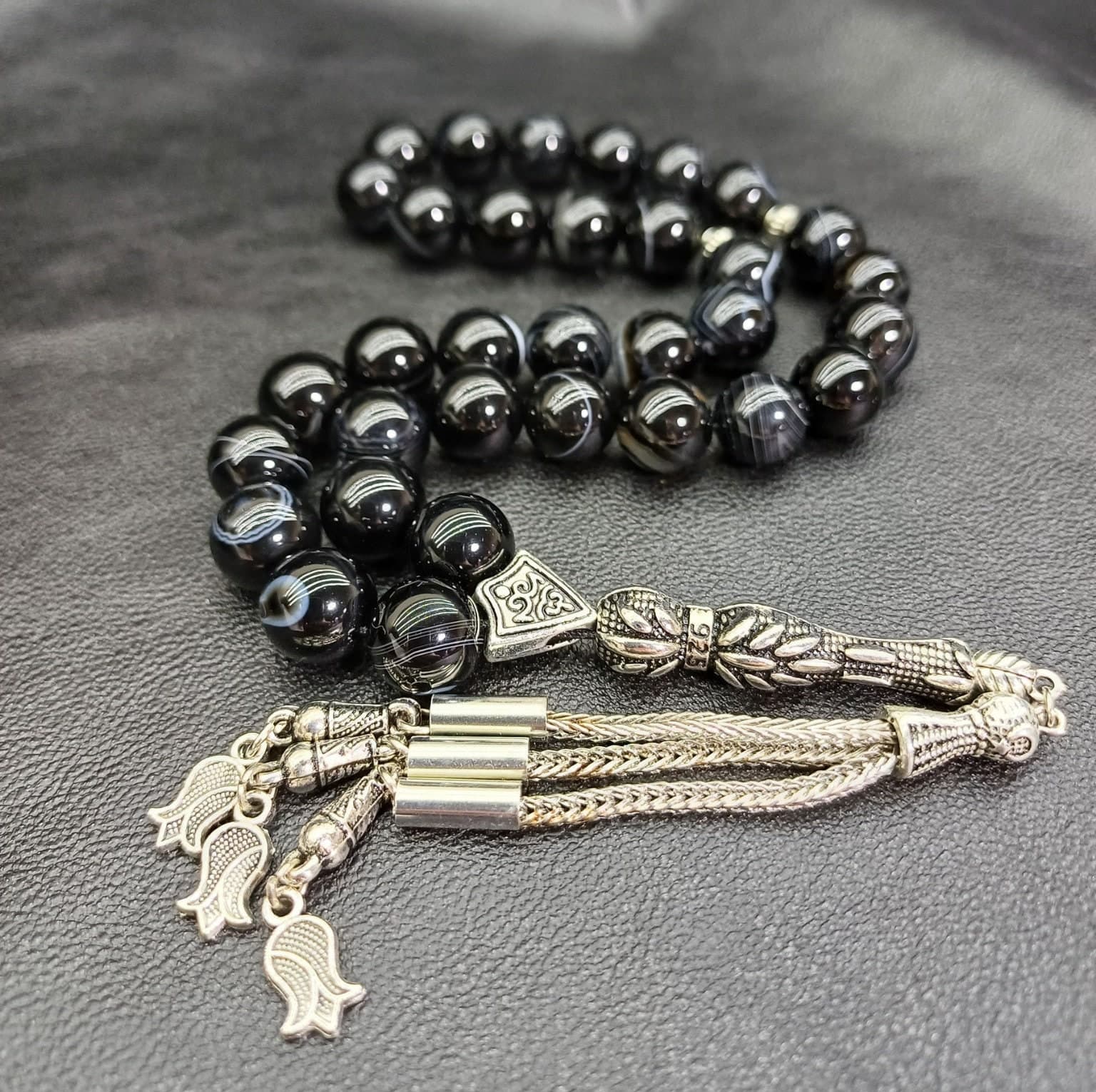 Black Agate Tasbih Prayer Beads, 10 mm Aqeeq Rosary