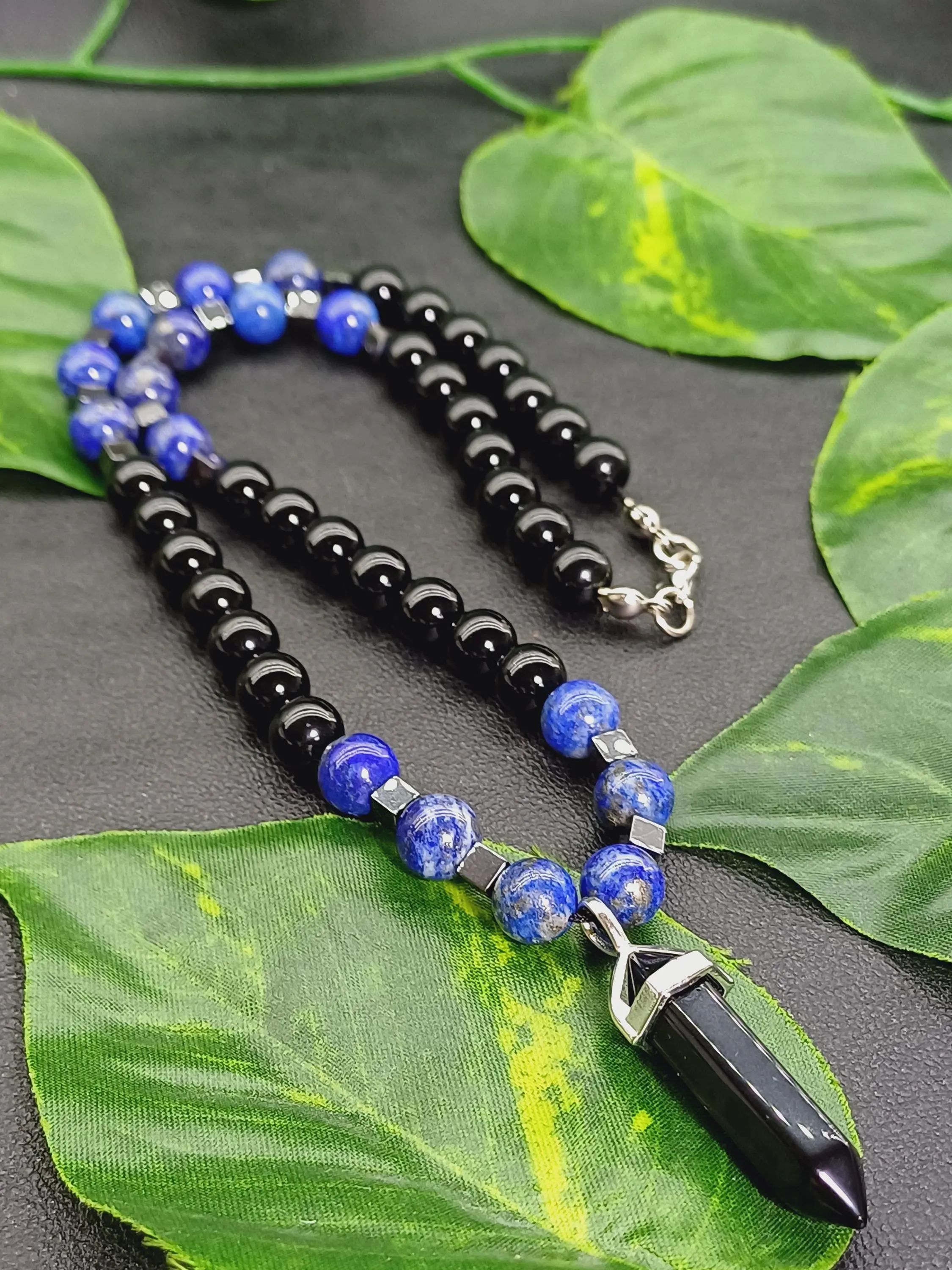 Lapis Lazuli Onyx Beaded Necklace: Blue Black Gemstone Necklace, Certificate of Authenticity Included - image 4