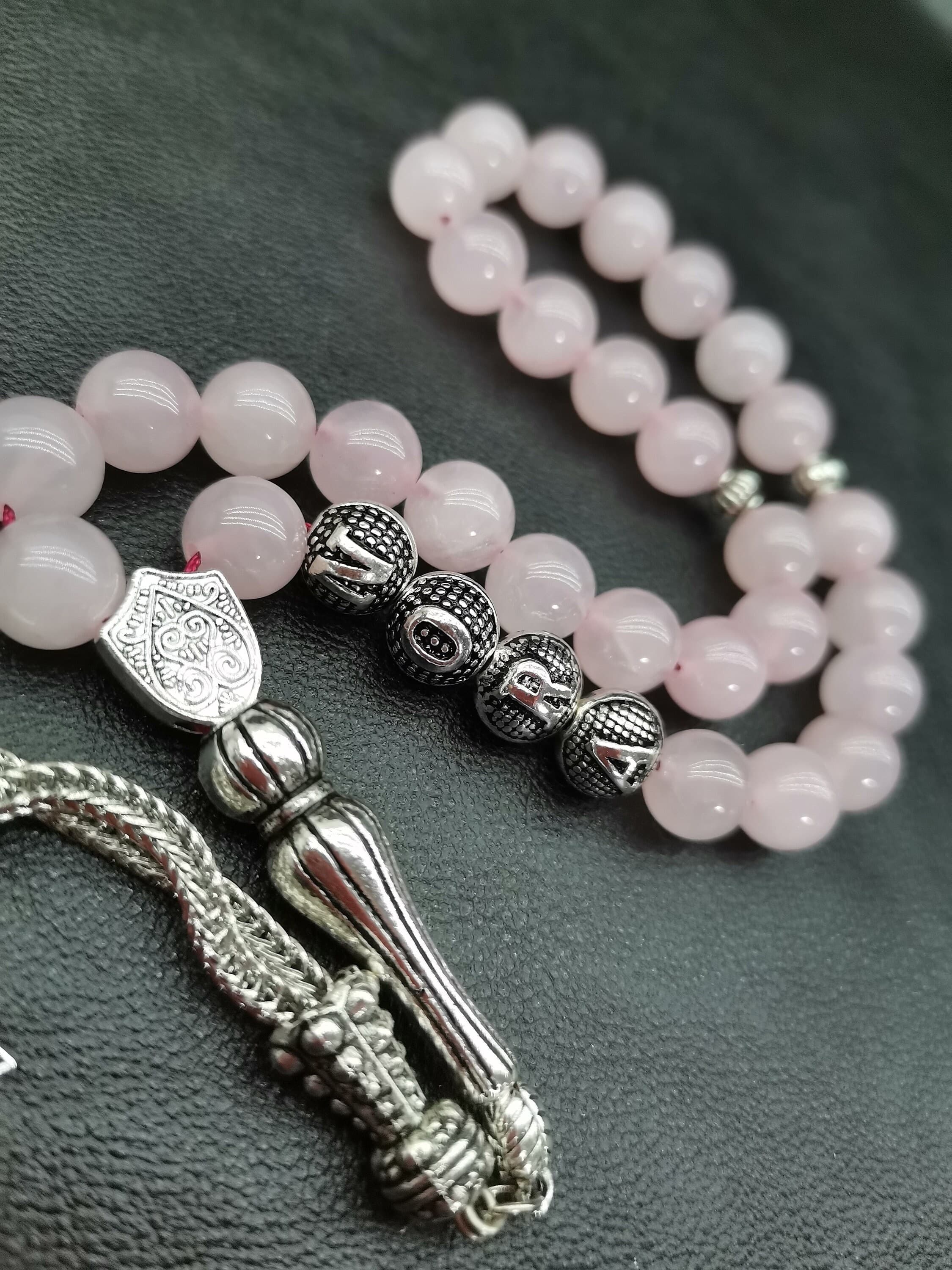 Personalized Rose Quartz Tasbih, Islamic Prayer Beads, Gift for Women