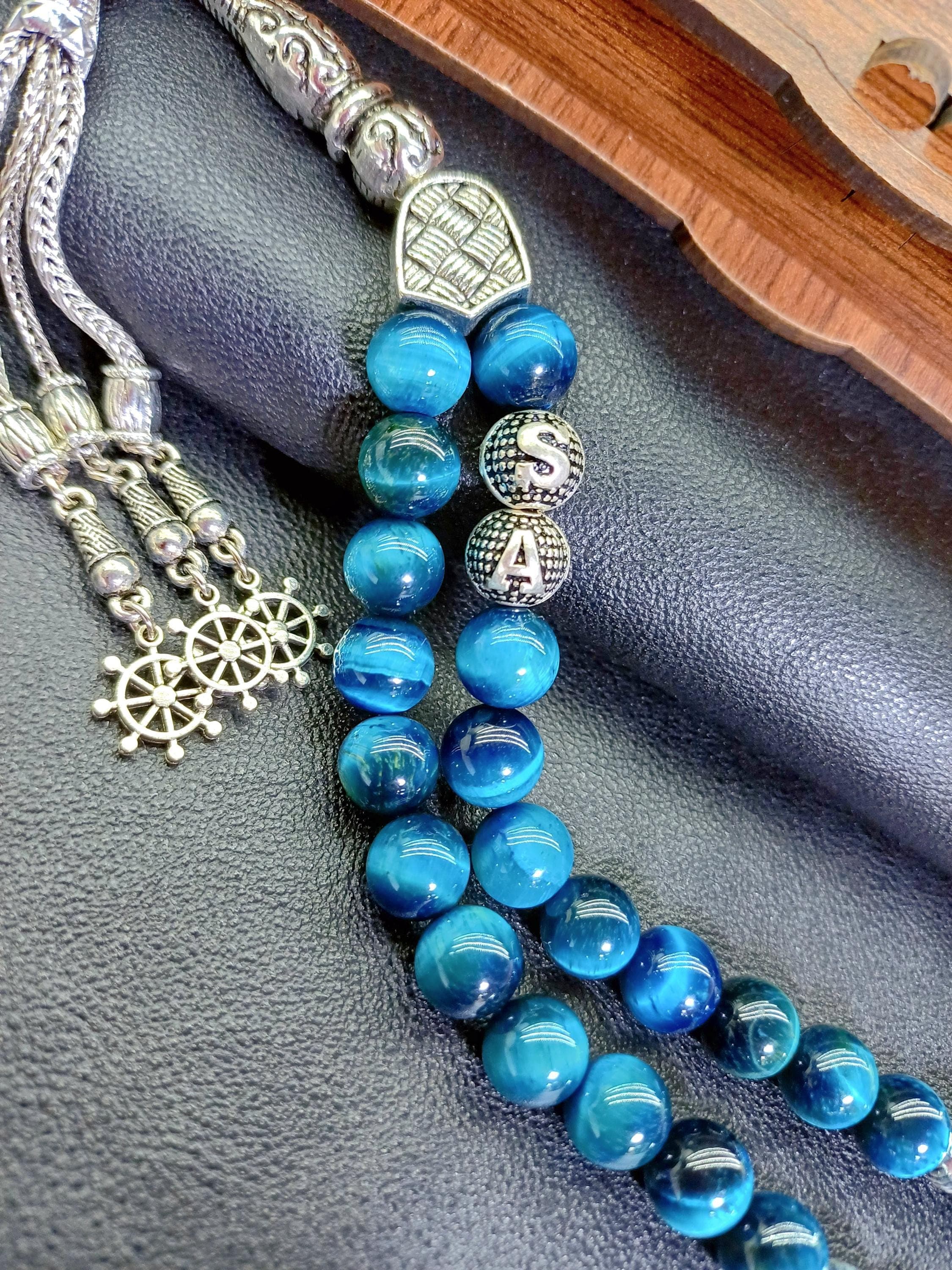 Blue Tiger Eye Tasbih with Custom Wooden Box - image 5