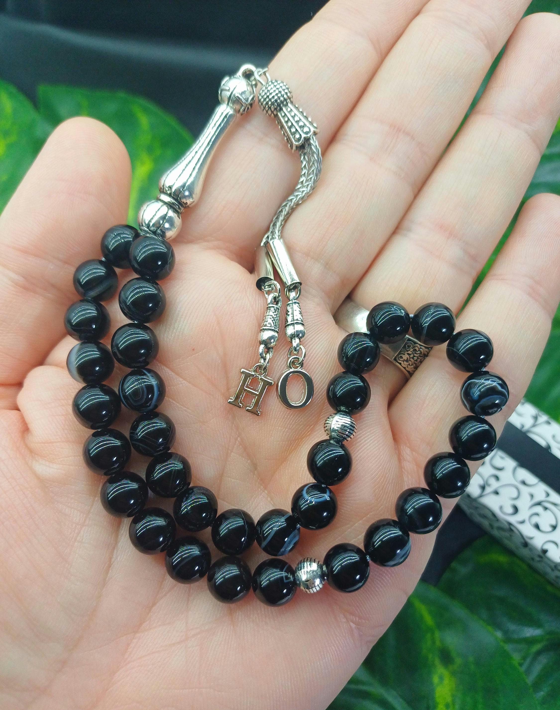 Personalized Black Agate Islamic Tasbih: 33 Prayer Beads with Silver Initials - image 5