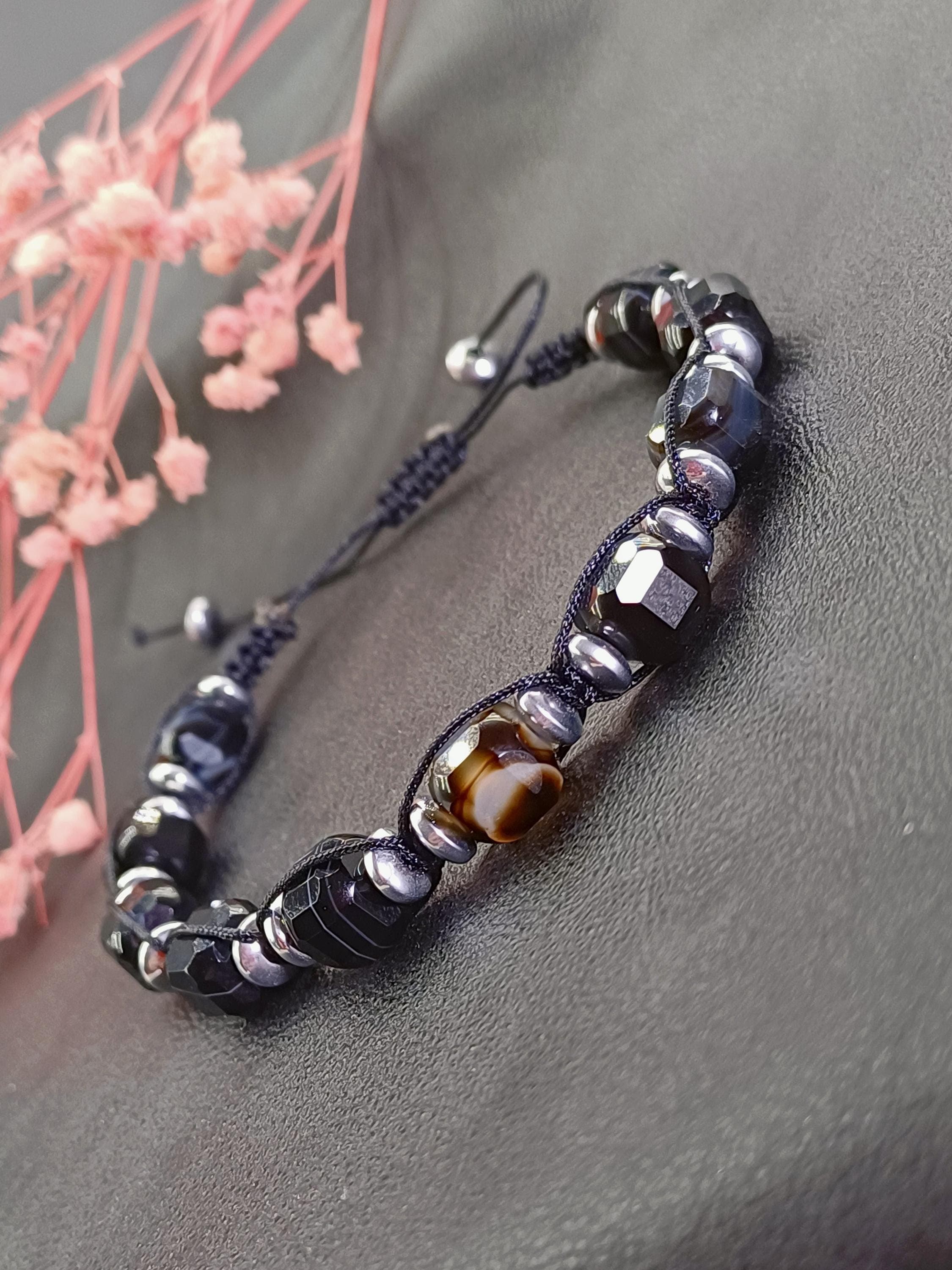 Black Agate Men Bracelet, Protection Stone Adjustable Bracelet - image 5
