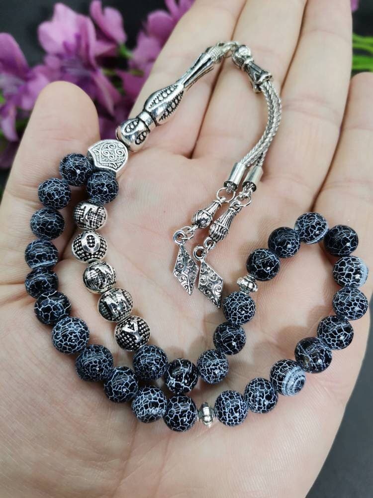 Personalized Black Agate Tasbih: 33 Islamic Prayer Beads