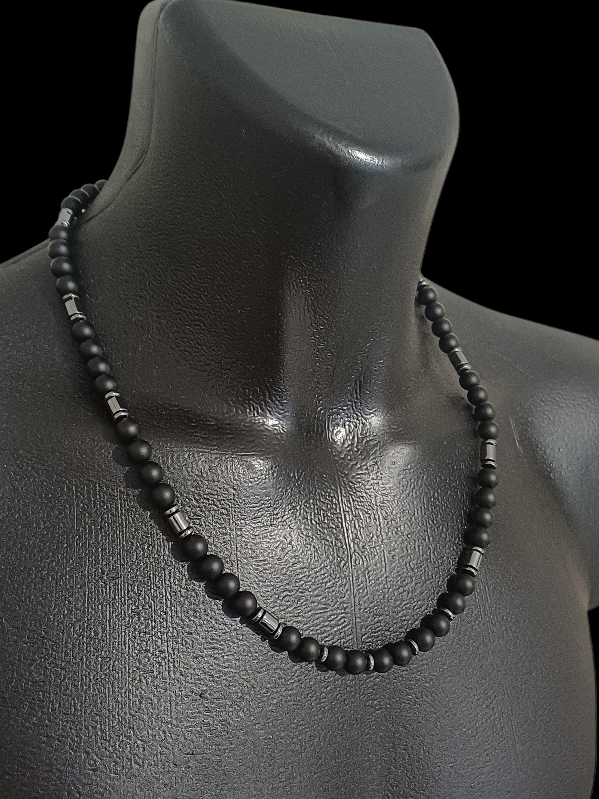 Matte Black Onyx Hematite Men Necklace, Bohemian Beaded Necklace - image 4