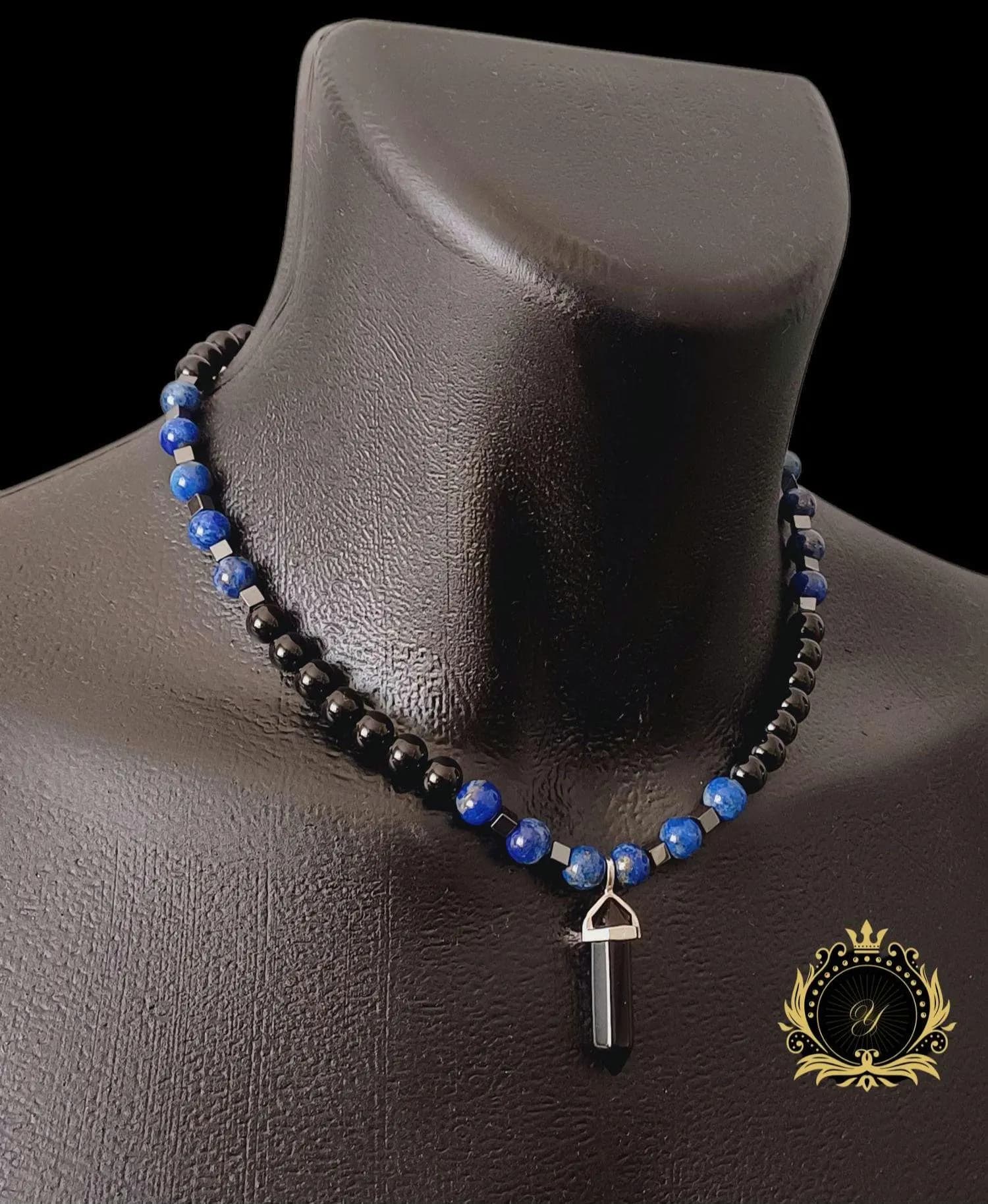 Lapis Lazuli Onyx Beaded Necklace: Blue Black Gemstone Necklace, Certificate of Authenticity Included - image 3