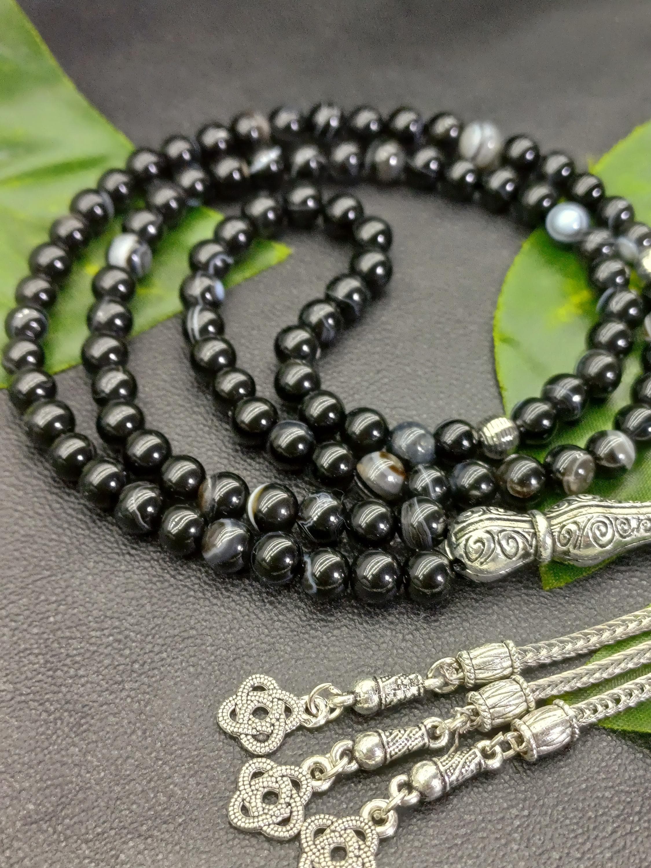 Black Agate Misbaha: 99 Islamic Misbaha, 6 mm Small Beaded Rosary