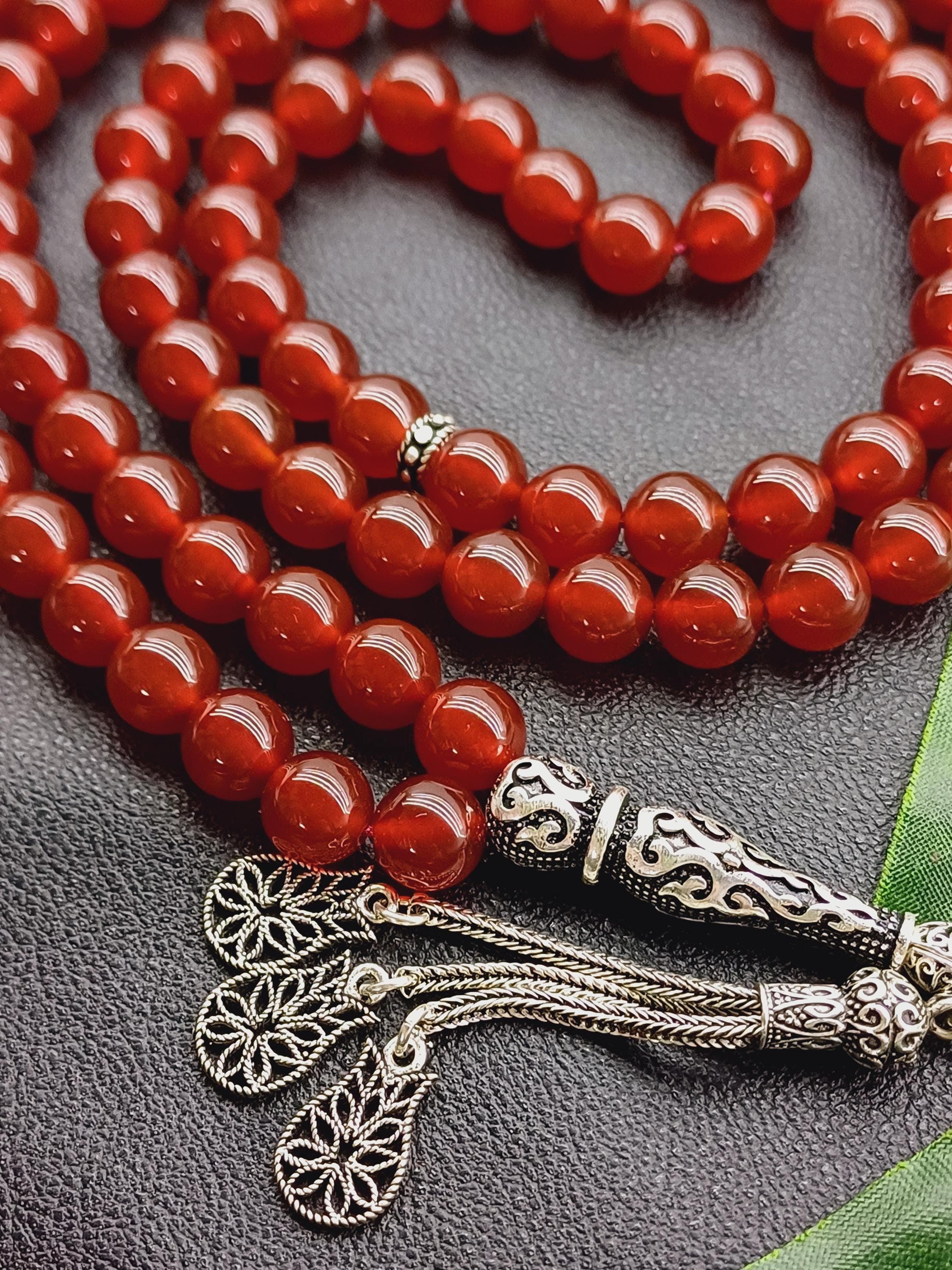 925 Silver Yemen Agate Tasbih: 99-Bead Carnelian Aqeeq Misbaha