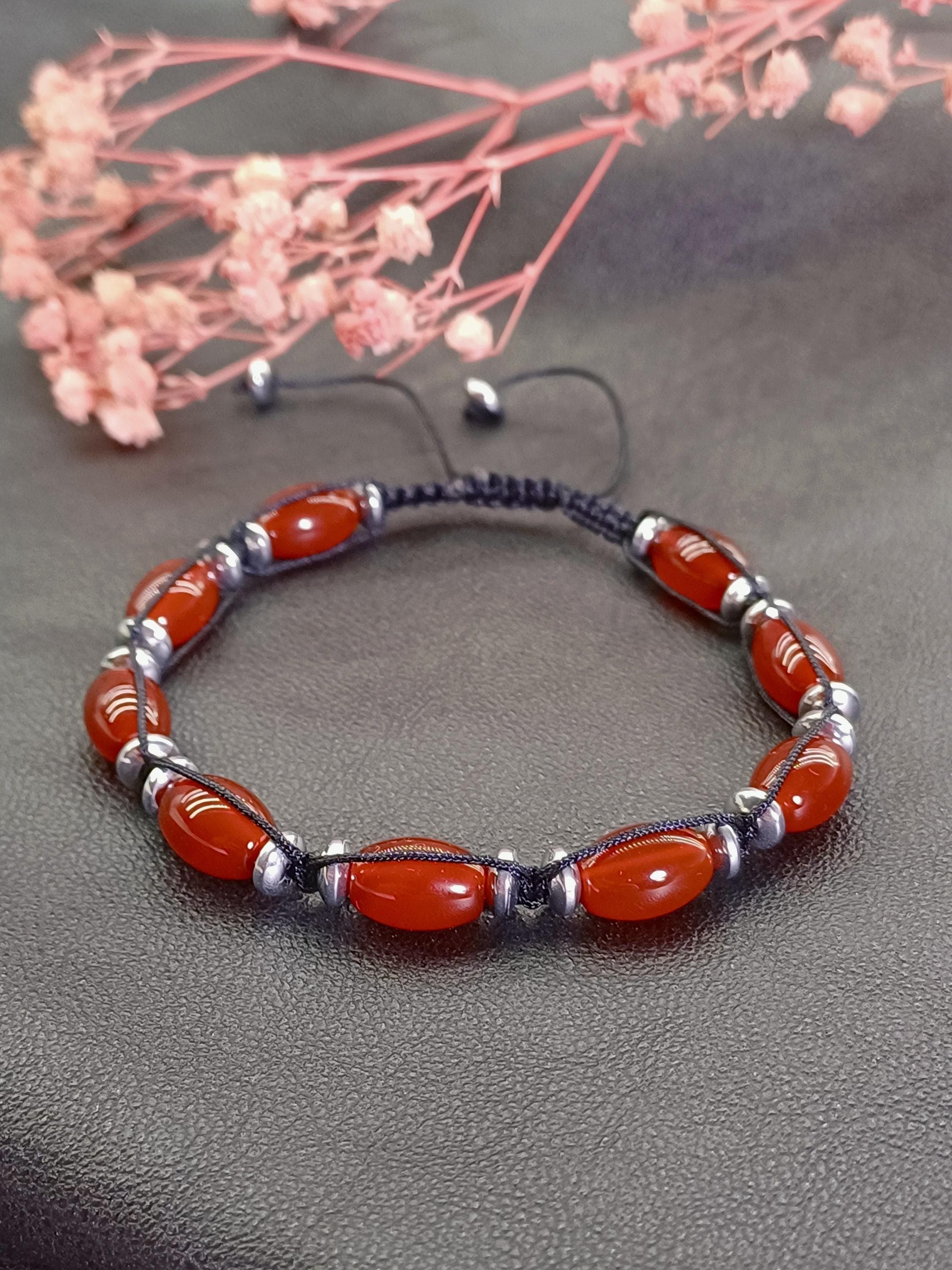 Red Carnelian Men Bracelet, Adjustable Macrame Yemen Agate Bracelet - image 4
