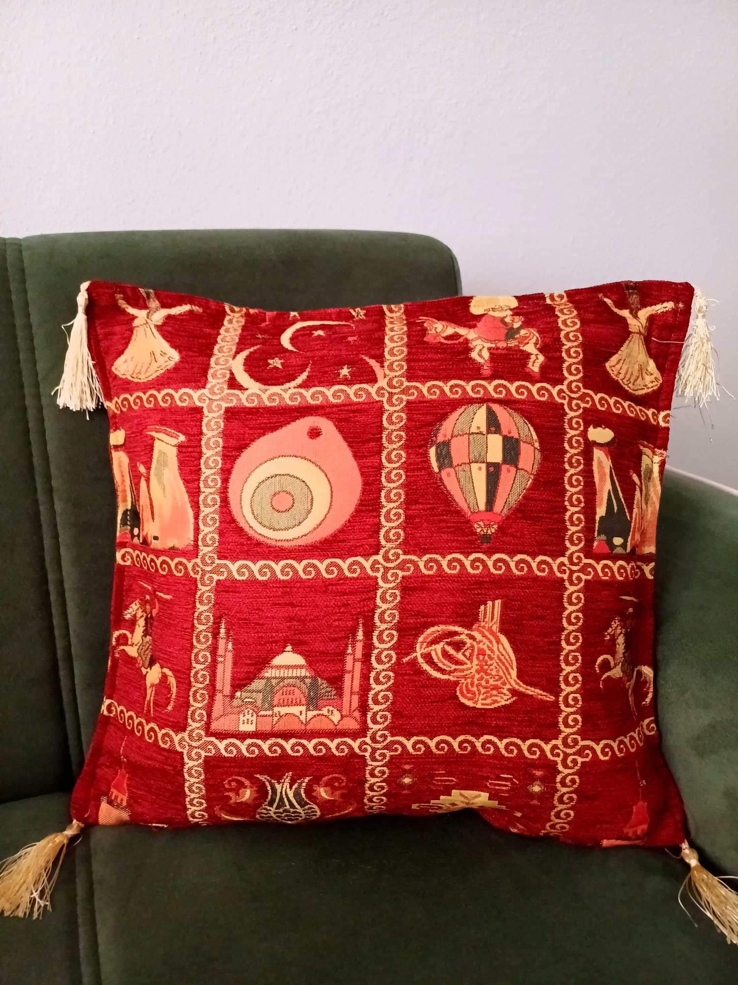 Anatolian Patterned Cushion, Turkish Ottoman Pillow, Red Coach Pillow, Traditional Turkish Figures Pillow, Authentic Velvet Pillow