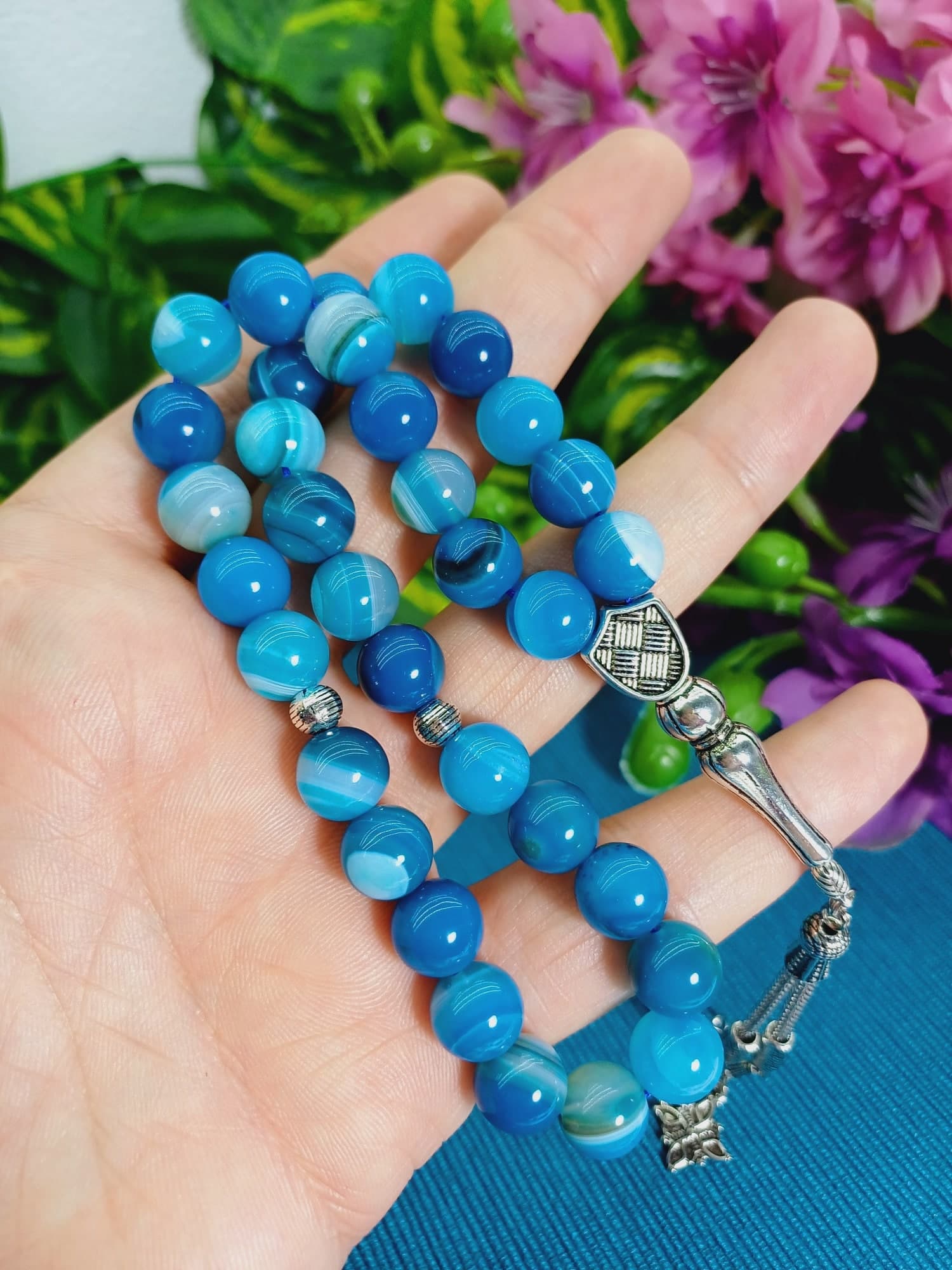Blue Agate Rosary: Large 10 mm Islamic Prayer Beads - image 4