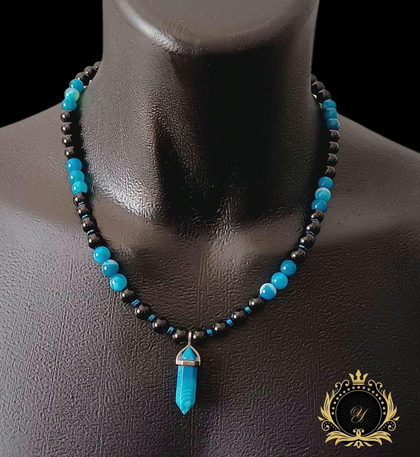 Blue Agate Black Onyx Beaded Necklace: Healing Crystal Boho Men Necklace - image 4