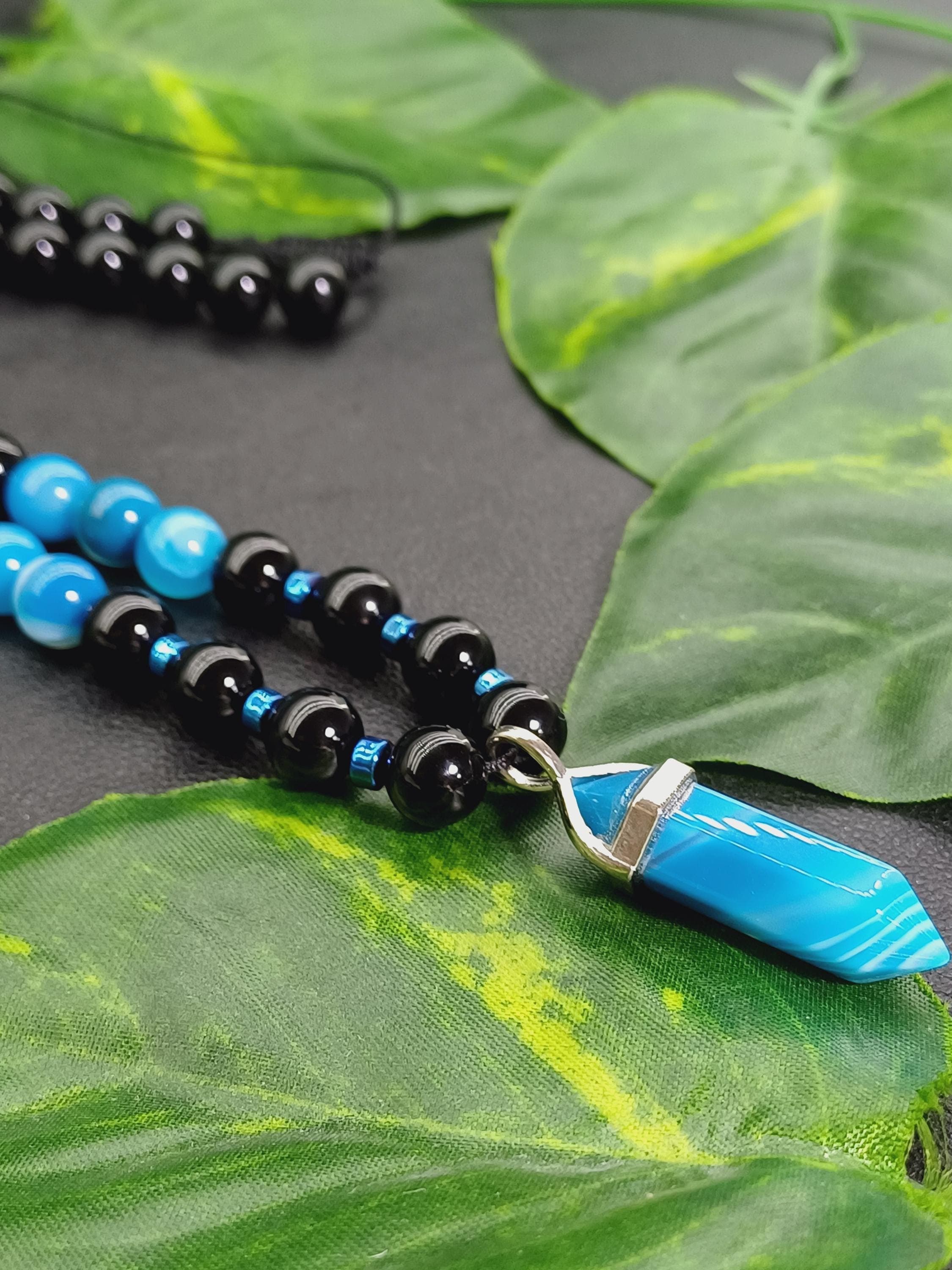 Blue Agate Black Onyx Beaded Necklace: Healing Crystal Boho Men Necklace - image 5