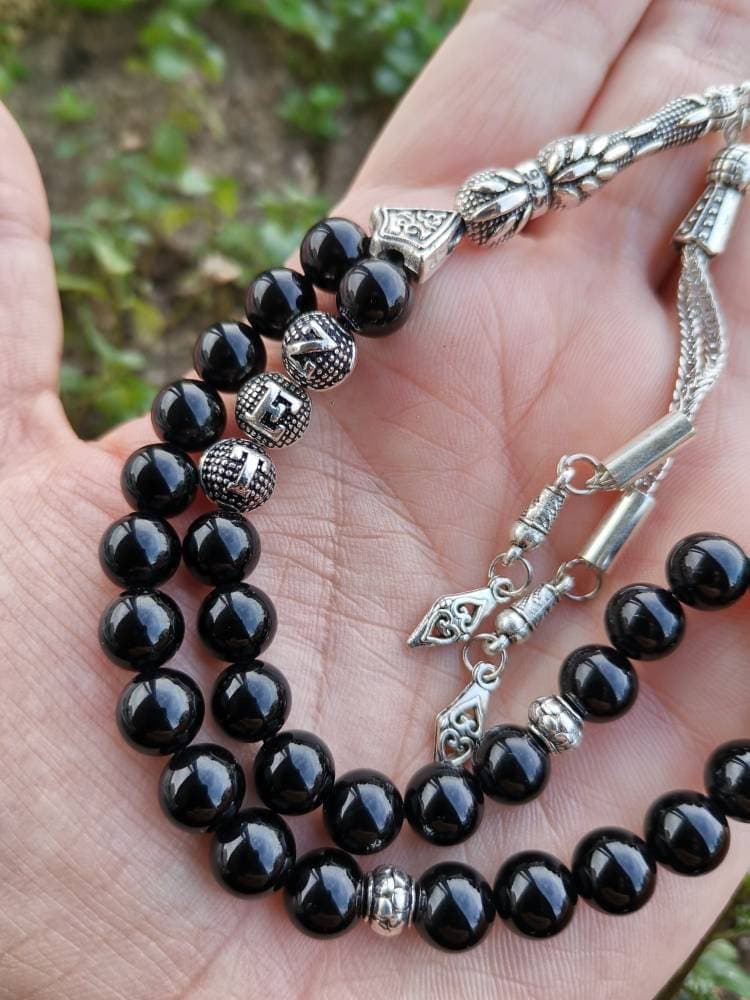 Personalized Black Onyx Tasbih: 33 Islamic Prayer Beads, Muslim Gift