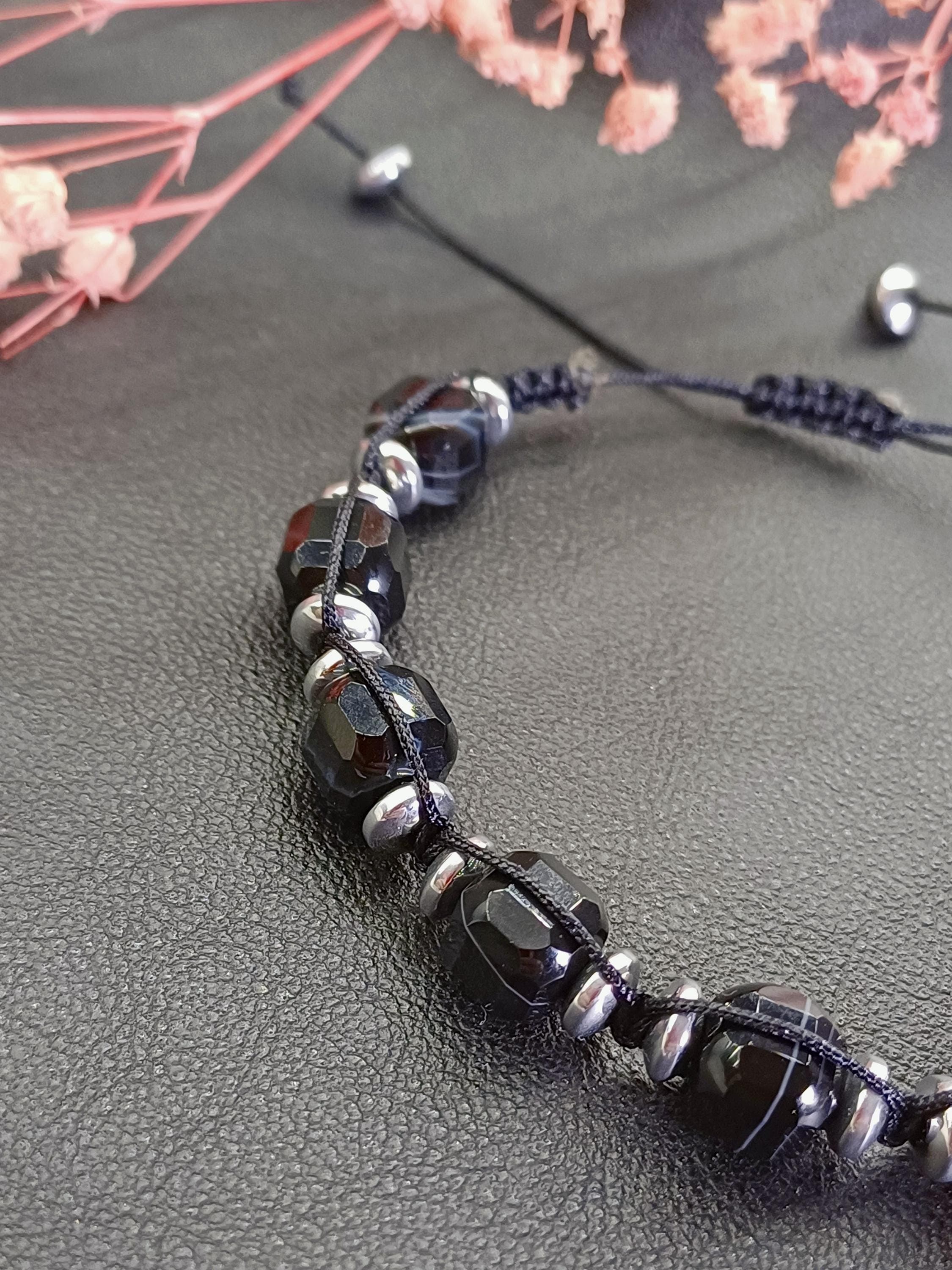 Black Agate Men Bracelet, Protection Stone Adjustable Bracelet - image 4