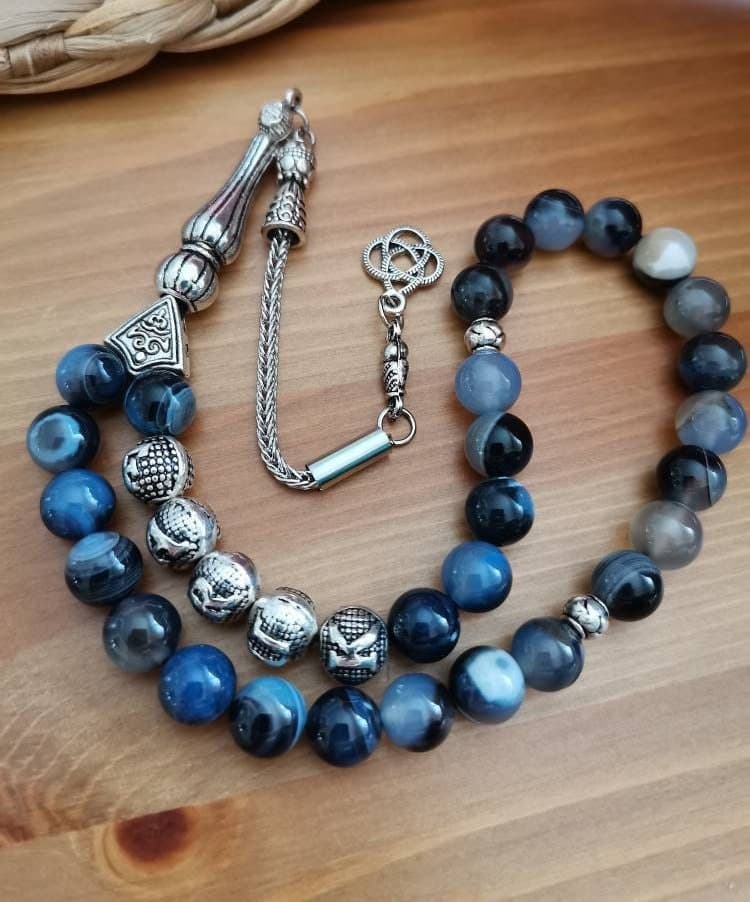 Personalized Blue Lace Agate Tasbih, Memorial Prayer Beads, Muslim Gift
