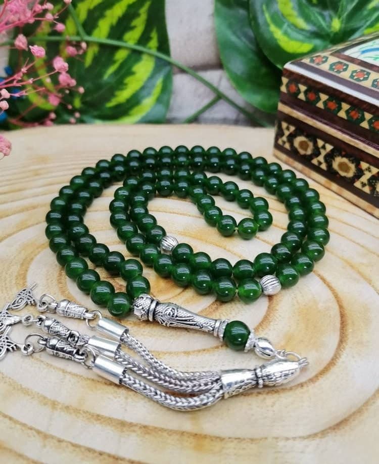Green Jade Tasbih: 99 Islamic Prayer Beads, 6 mm Small Beaded Muslim Rosary