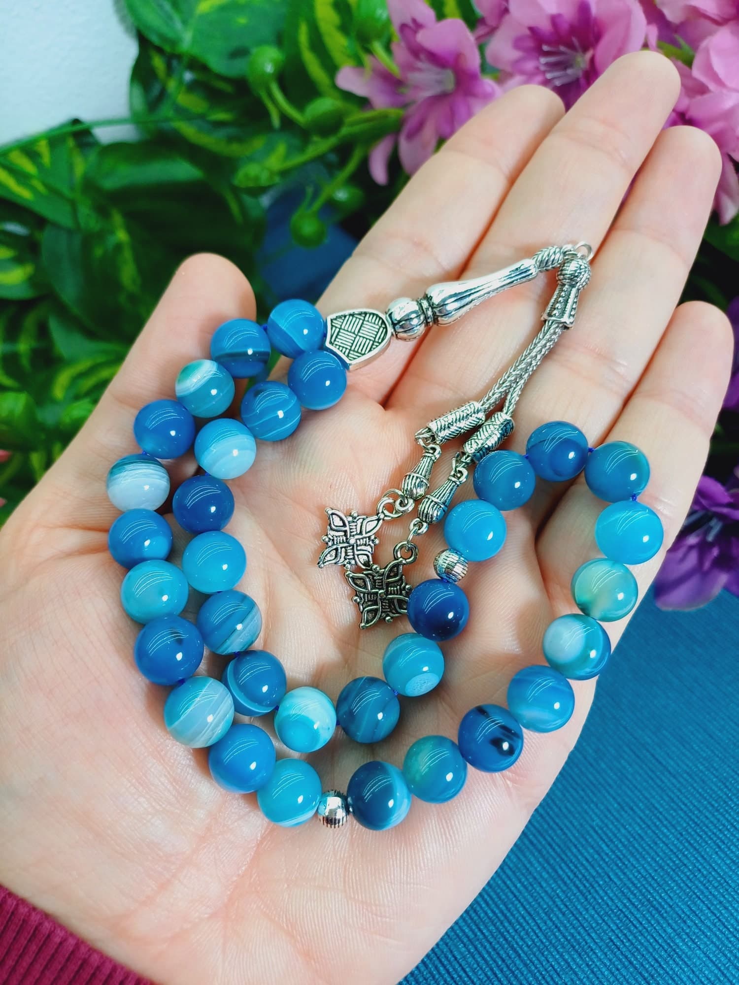 Blue Agate Rosary: Large 10 mm Islamic Prayer Beads - image 5