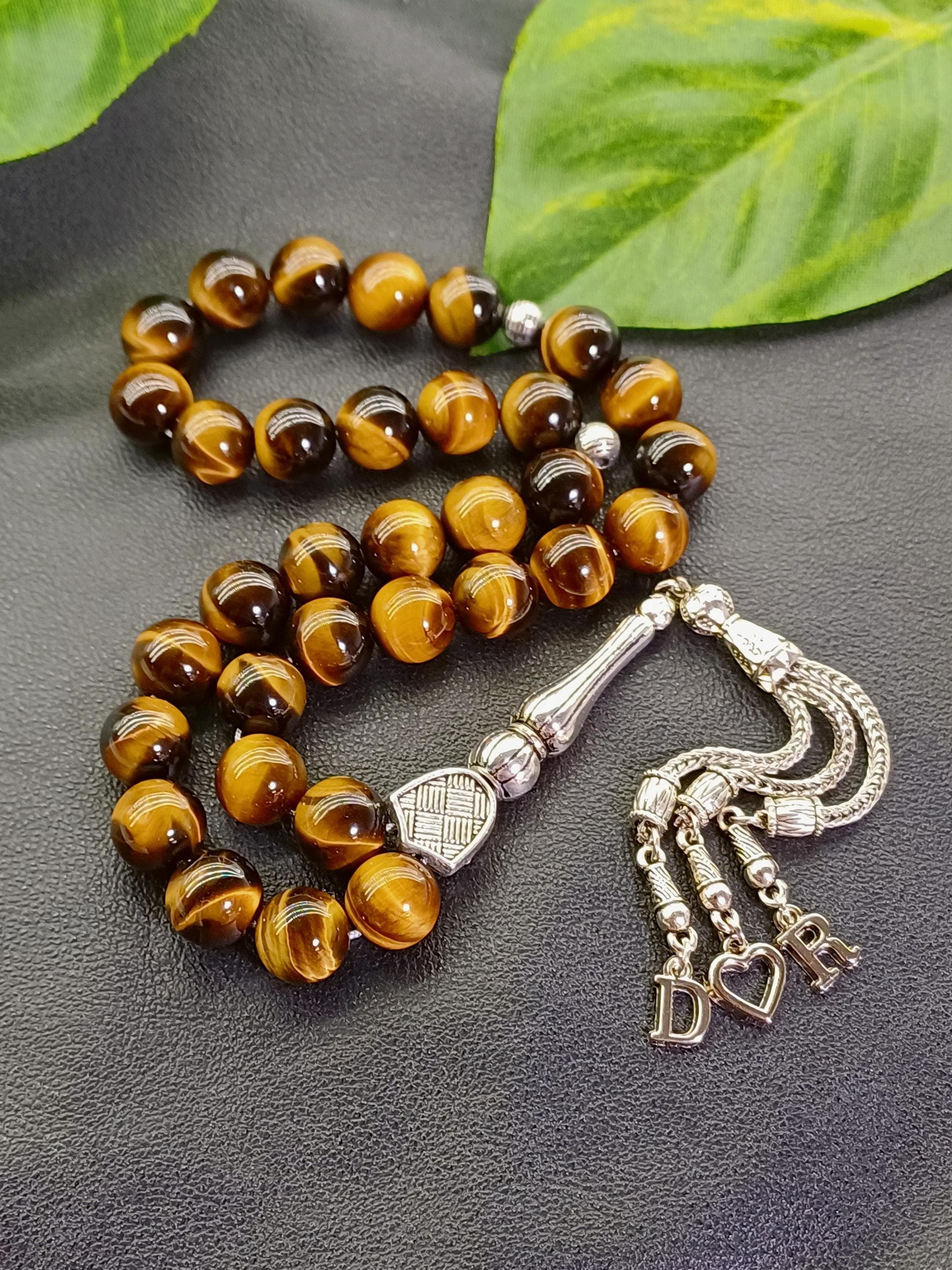 Personalized Tiger Eye Prayer Beads, Custom Initials & Heart Tassel Gift for Couples, Husband Wife Gift - image 4