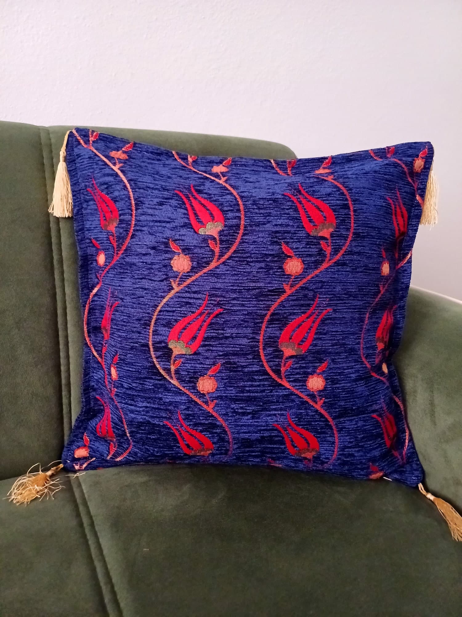 Traditional Turkish Pillow, Tulip Tile Patterned Cushion, Anatolian Ottoman Pillow, Blue Kilim Pattern Coach Pillow, Authentic Velvet Pillow - image 3