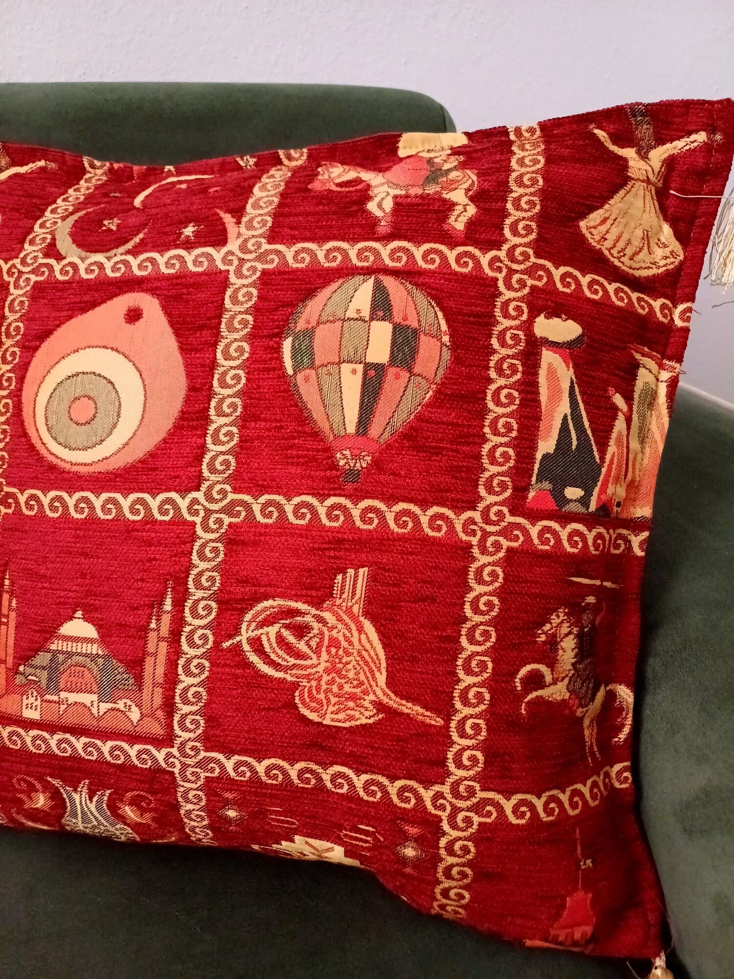Anatolian Patterned Cushion, Turkish Ottoman Pillow, Red Coach Pillow, Traditional Turkish Figures Pillow, Authentic Velvet Pillow - image 3