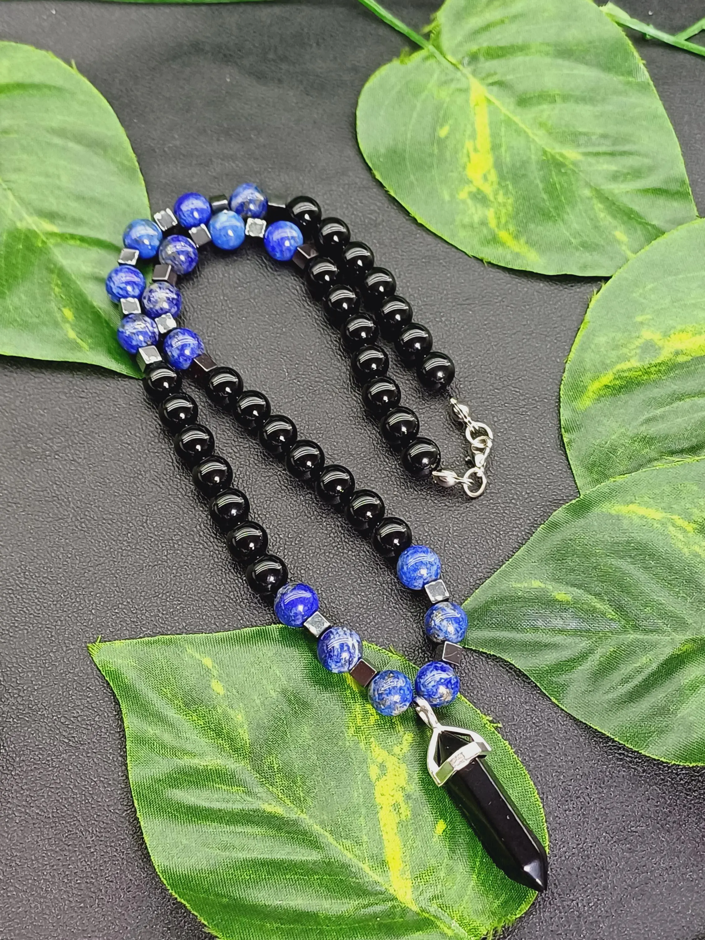 Lapis Lazuli Onyx Beaded Necklace: Blue Black Gemstone Necklace, Certificate of Authenticity Included