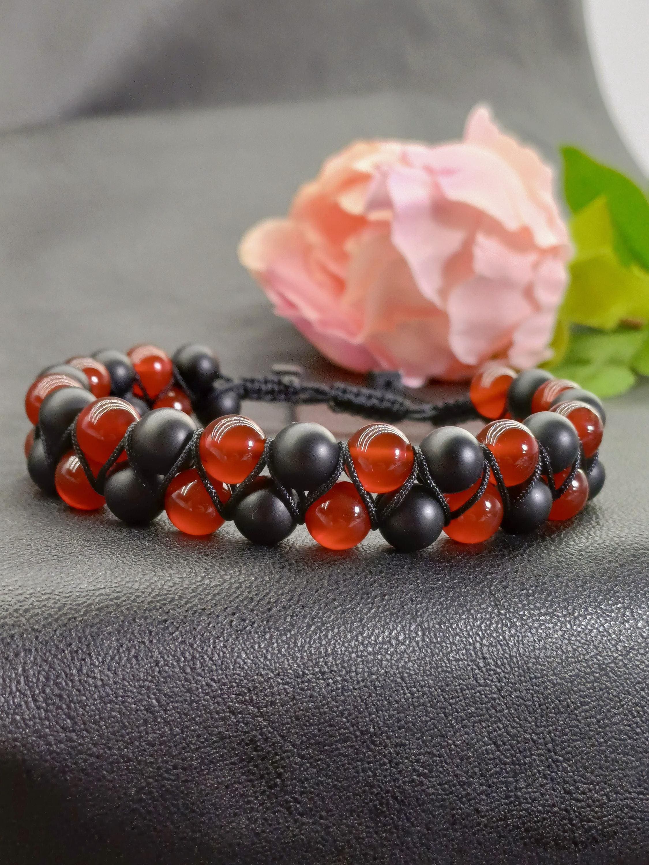 Carnelian Onyx Double Strand Bracelet, Red Black Gemstone Jewelry - image 5