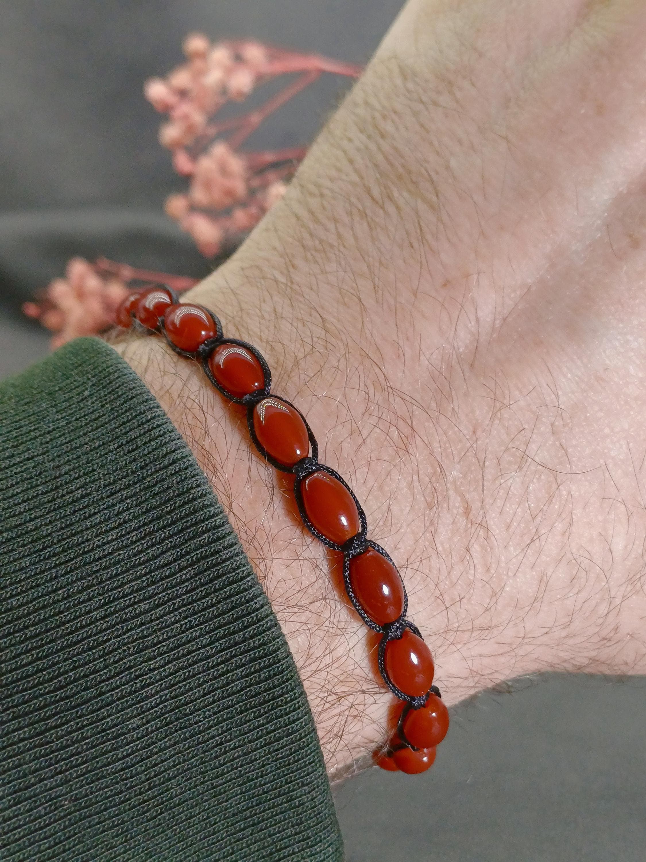 Carnelian Men Bracelet, Adjustable Macrame Red Agate Bracelet - image 5