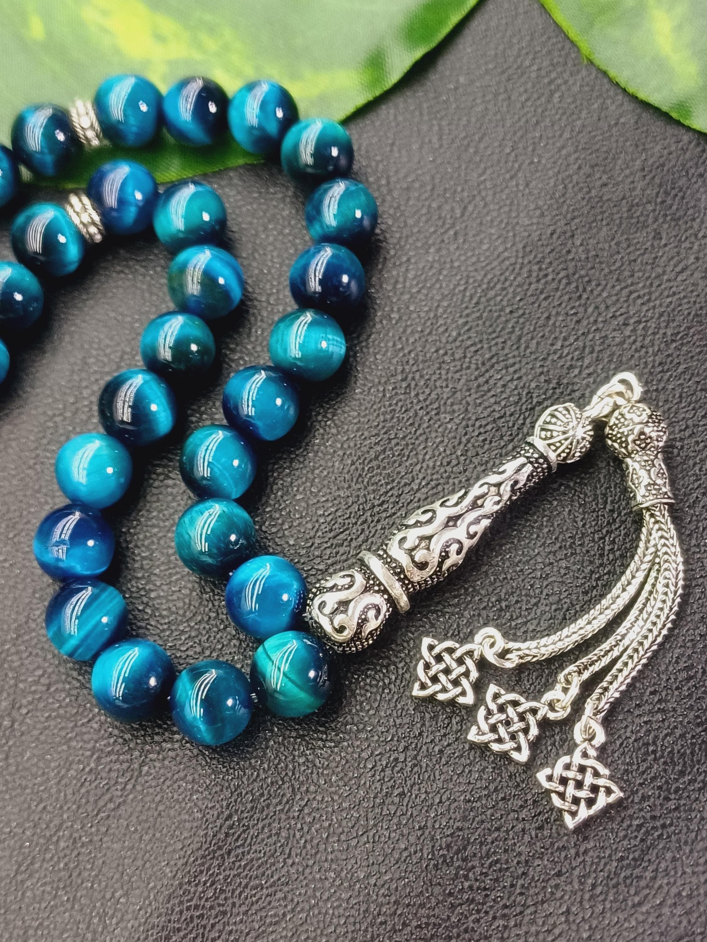925 Silver Blue Tiger Eye Tasbih: Islamic Prayer Beads Rosary - image 4