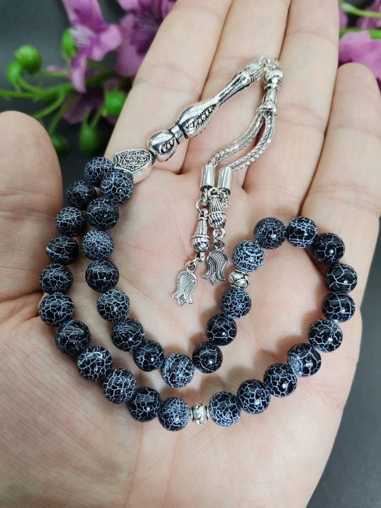Black White Agate Tasbih: 33 Islamic Prayer Beads Rosary - image 5