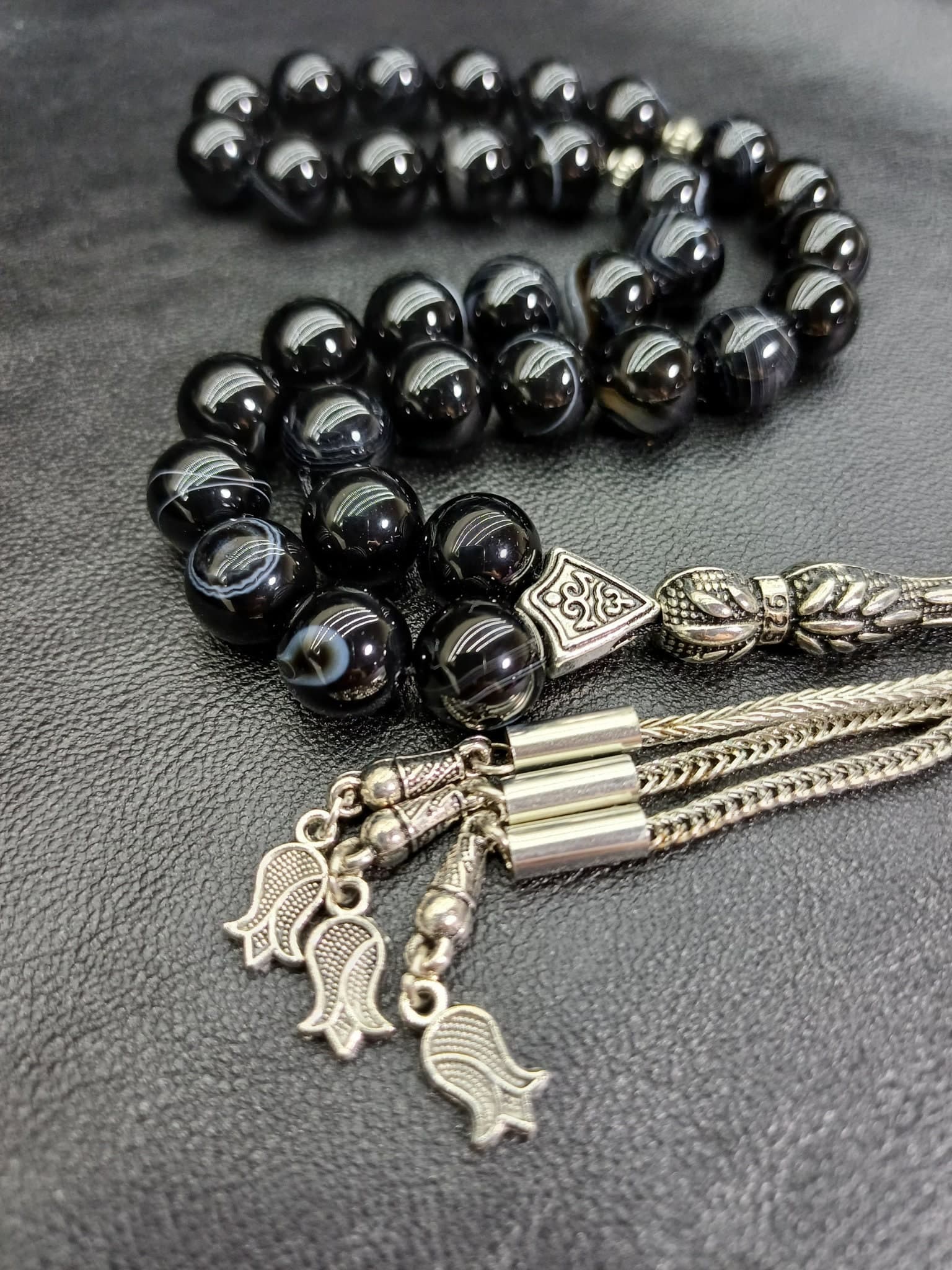 Black Agate Tasbih Prayer Beads, 10 mm Aqeeq Rosary - image 4
