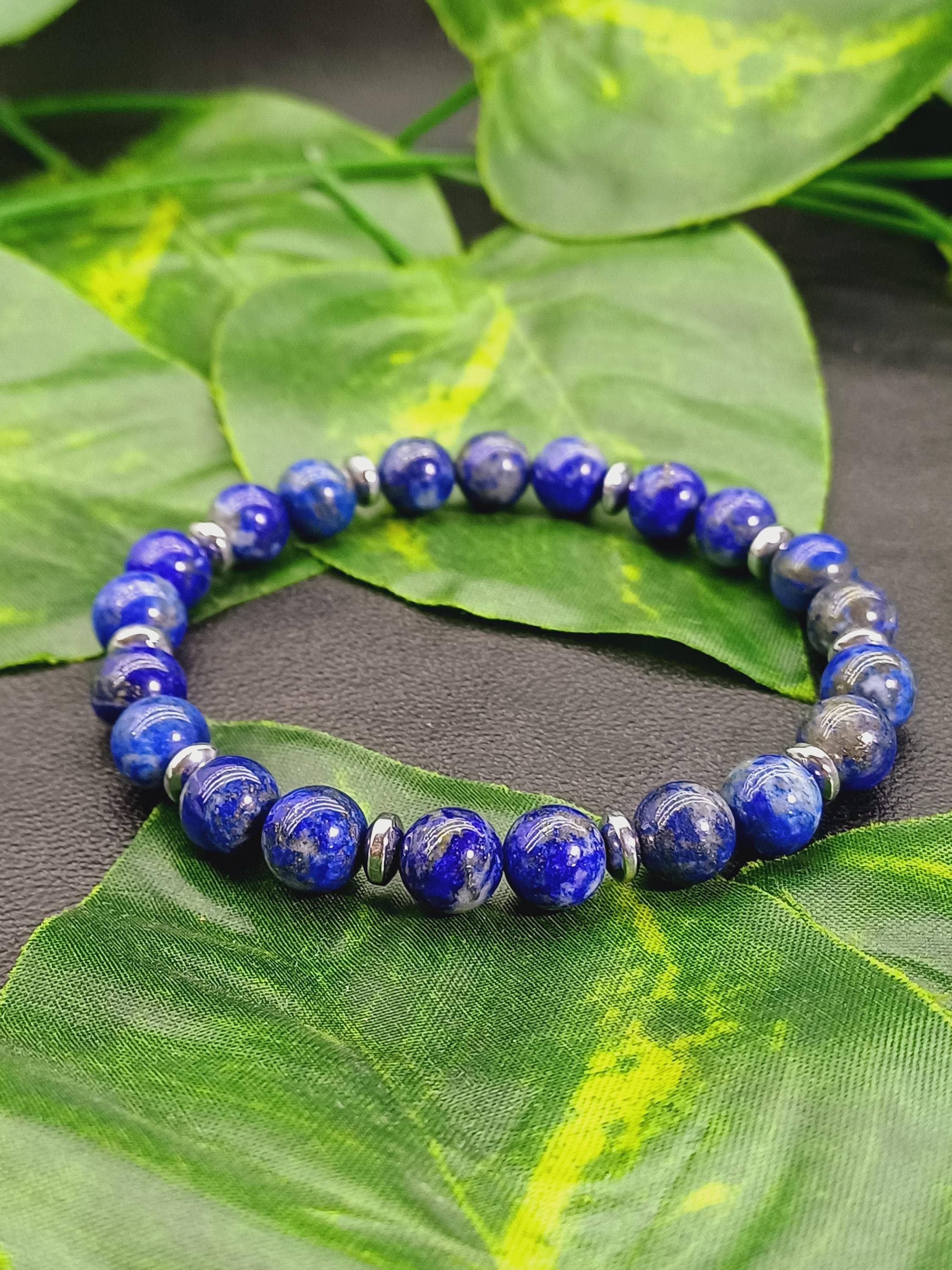 Blue Lapis Lazuli Beaded Bracelet with Hematite Spacers