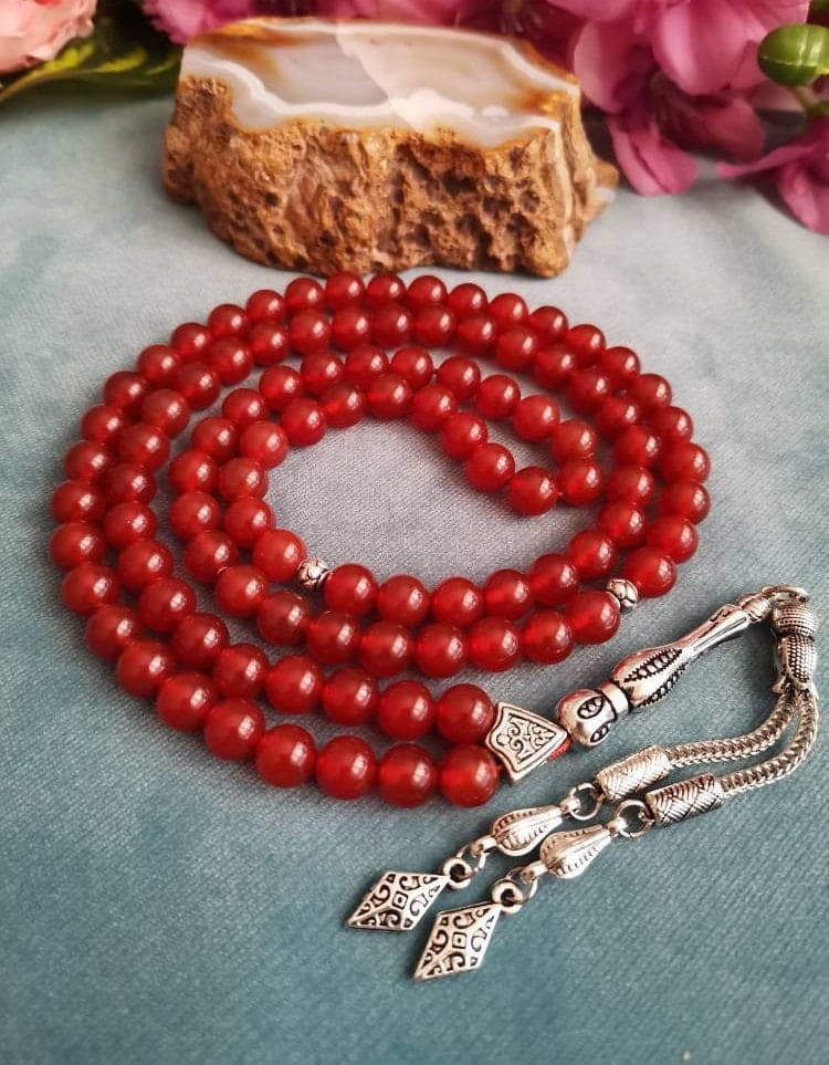 99 Carnelian Agate Tasbih: Red Yemeni Aqiq Islamic Prayer Beads