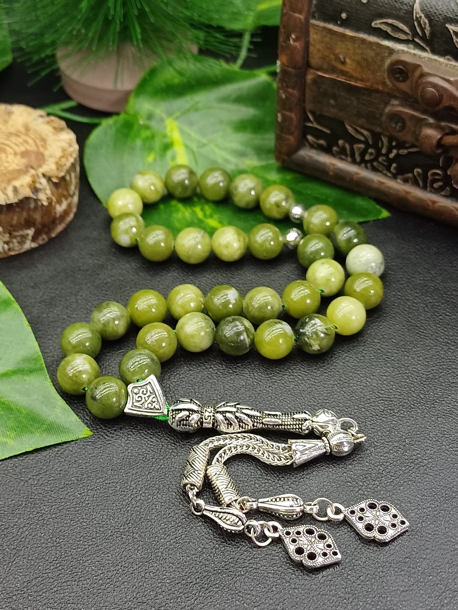 Green Jade Tasbeeh, 33 Beads Islamic Prayer Misbaha, Gift for Men