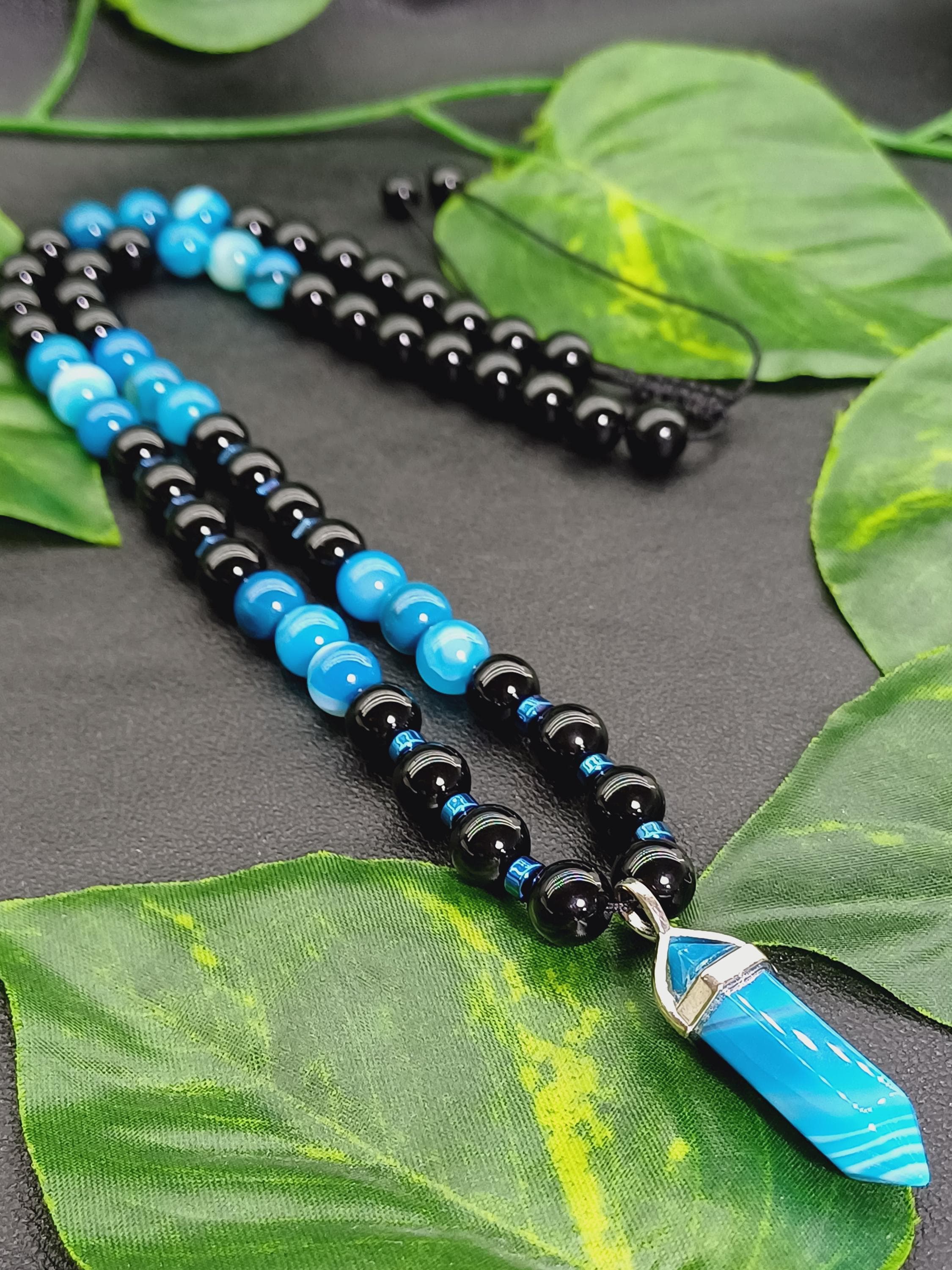 Blue Agate Black Onyx Beaded Necklace: Healing Crystal Boho Men Necklace