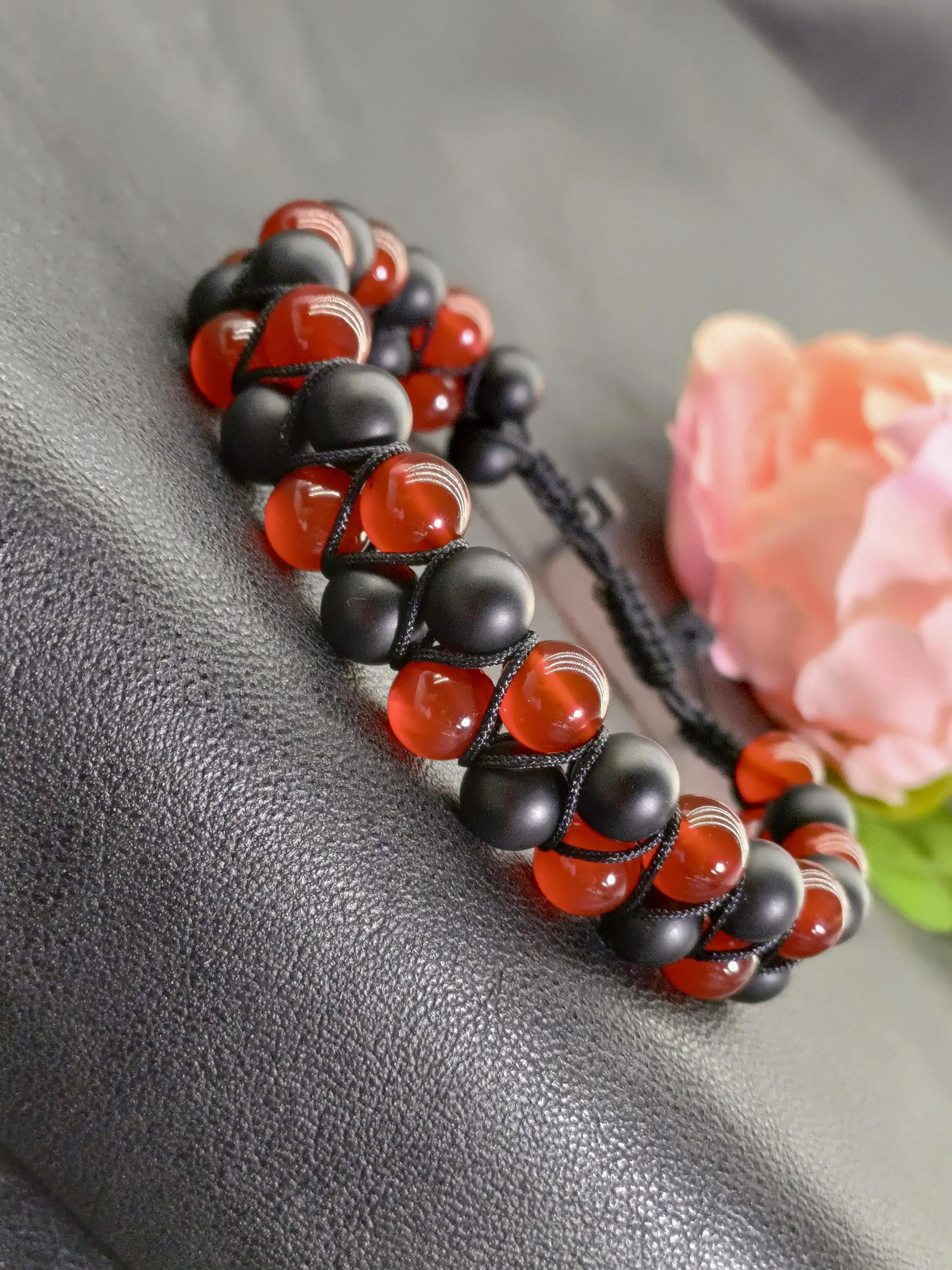 Carnelian Onyx Double Strand Bracelet, Red Black Gemstone Jewelry