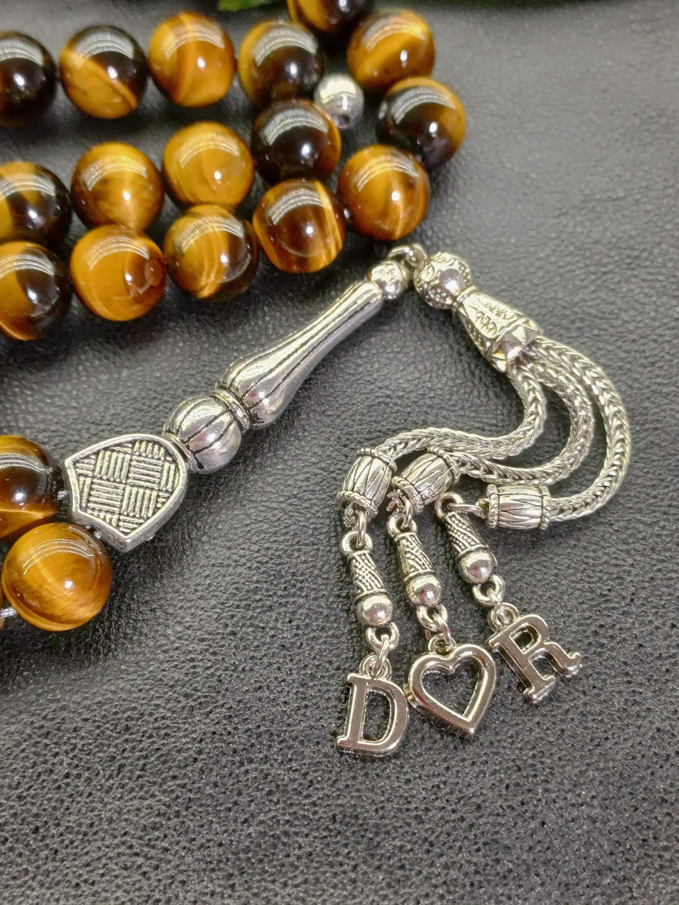 Personalized Tiger Eye Prayer Beads, Custom Initials & Heart Tassel Gift for Couples, Husband Wife Gift