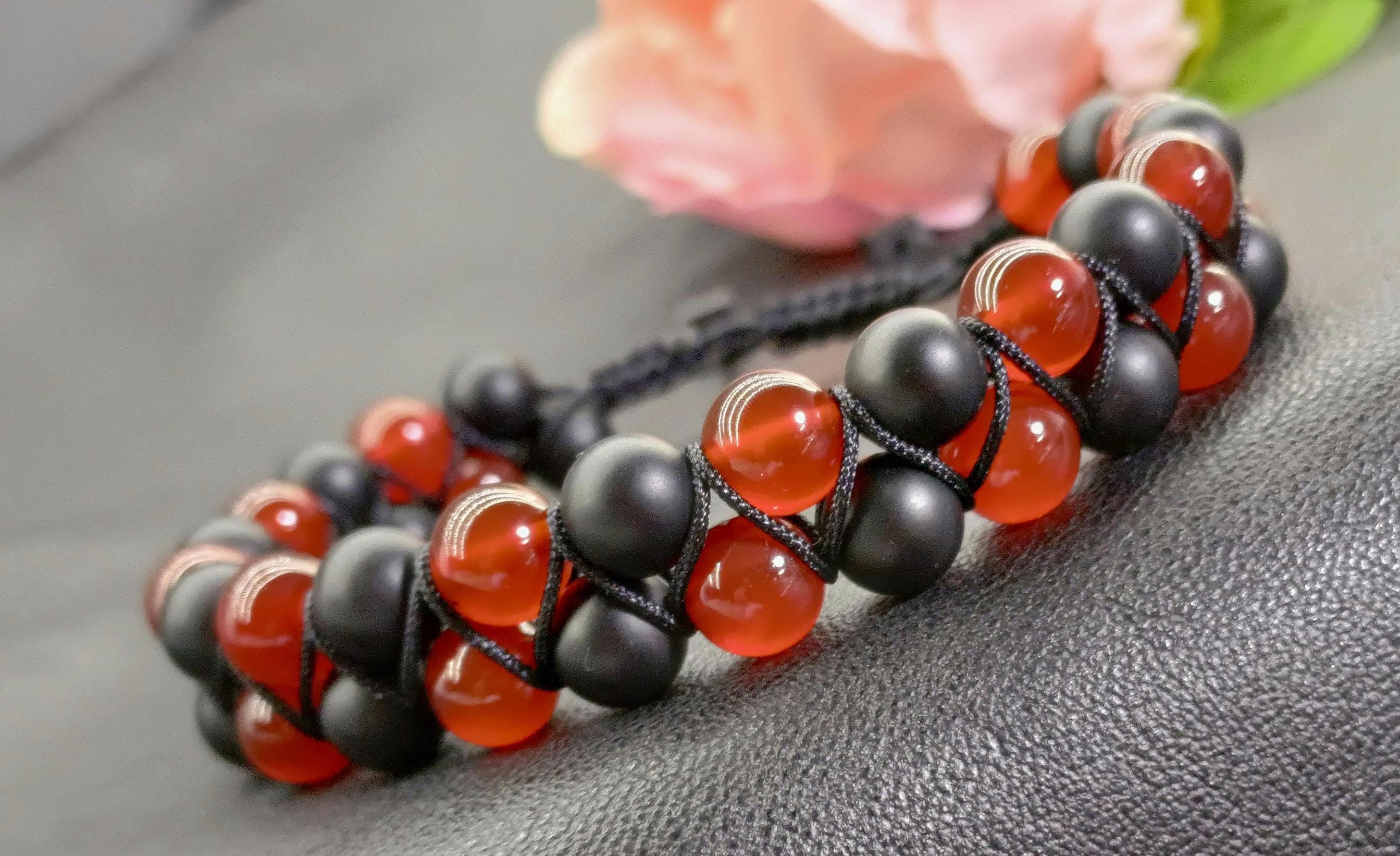 Carnelian Onyx Double Strand Bracelet, Red Black Gemstone Jewelry - image 4