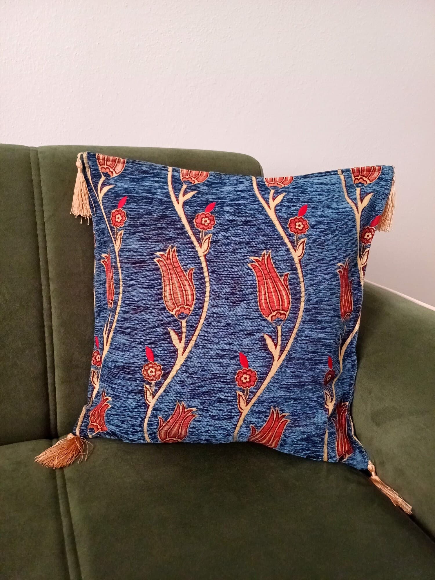 Tulip Tile Patterned Cushion, Traditional Turkish Anatolian Ottoman Pillow, Blue Kilim Pattern Coach Pillow, Rug Authentic Velvet Pillow - image 3