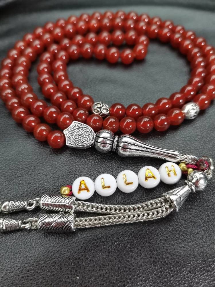 Personalized Carnelian Agate Tasbih: 99-Bead Islamic Prayer Beads