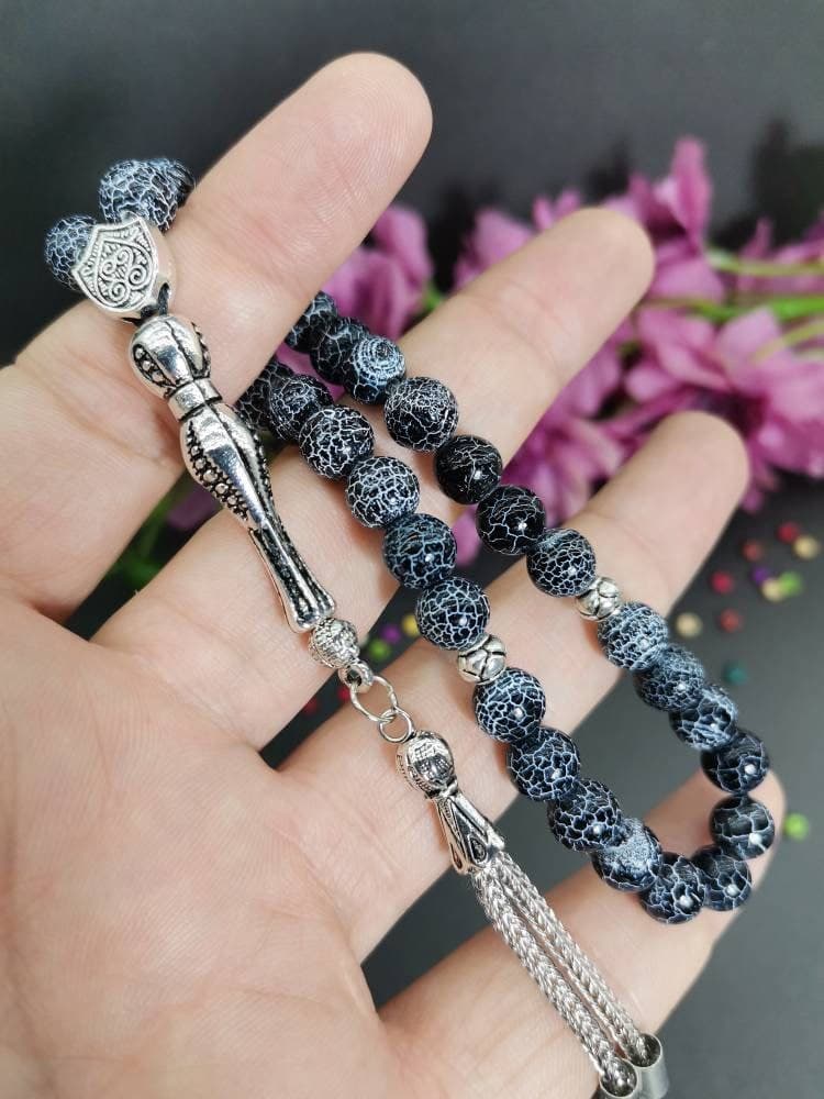 Black White Agate Tasbih: 33 Islamic Prayer Beads Rosary