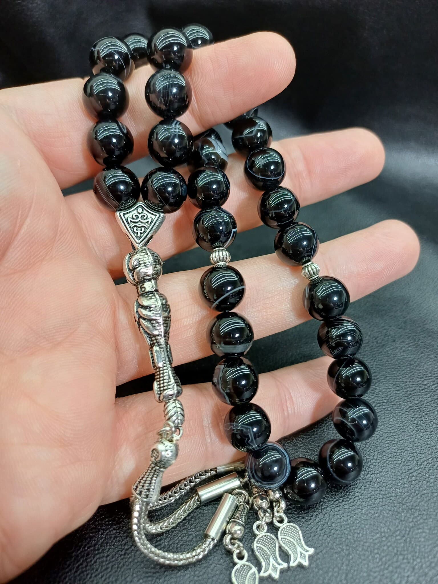 Black Agate Tasbih Prayer Beads, 10 mm Aqeeq Rosary - image 5