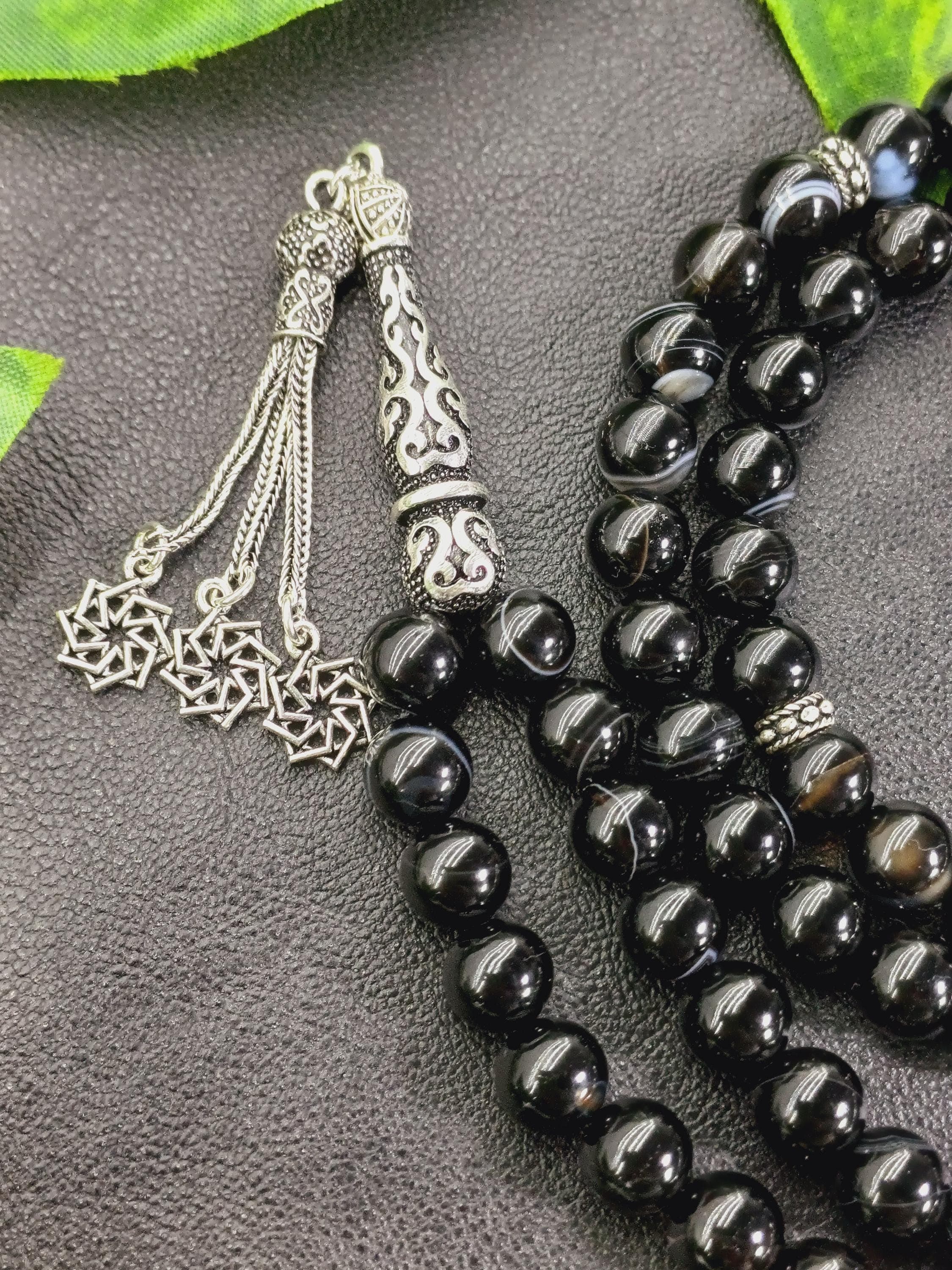 925 Silver Black Agate Tasbih: Turkish Islamic Prayer Beads