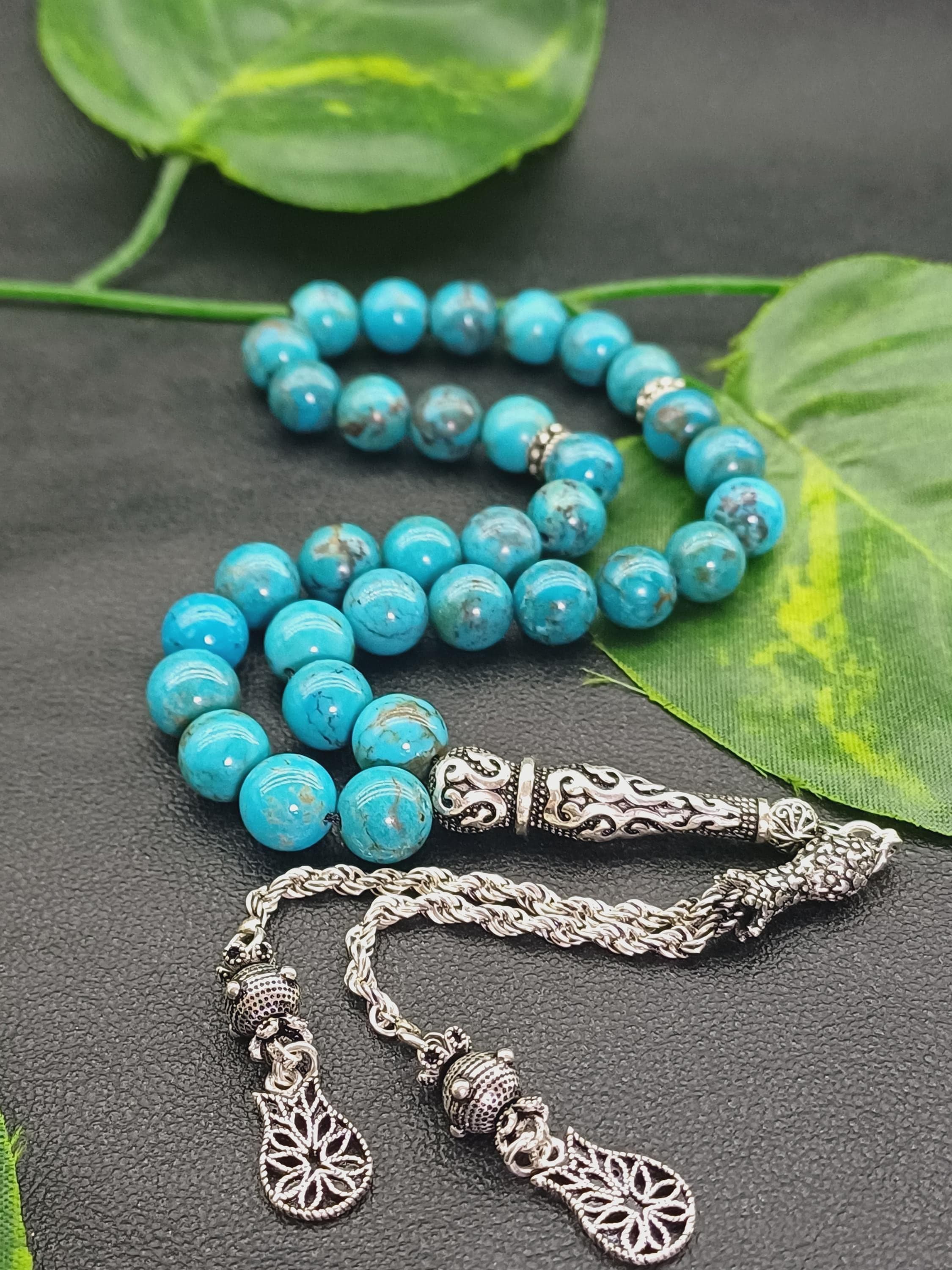 925 Silver Original Turquoise Tasbih: 33-Bead Islamic Prayer Beads