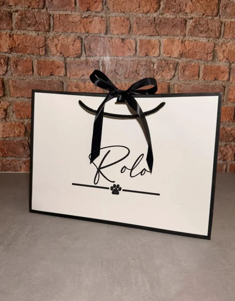 Personalised Dog Gift Bag: White with Black Ribbon - Puppy, Paw Print - image 5