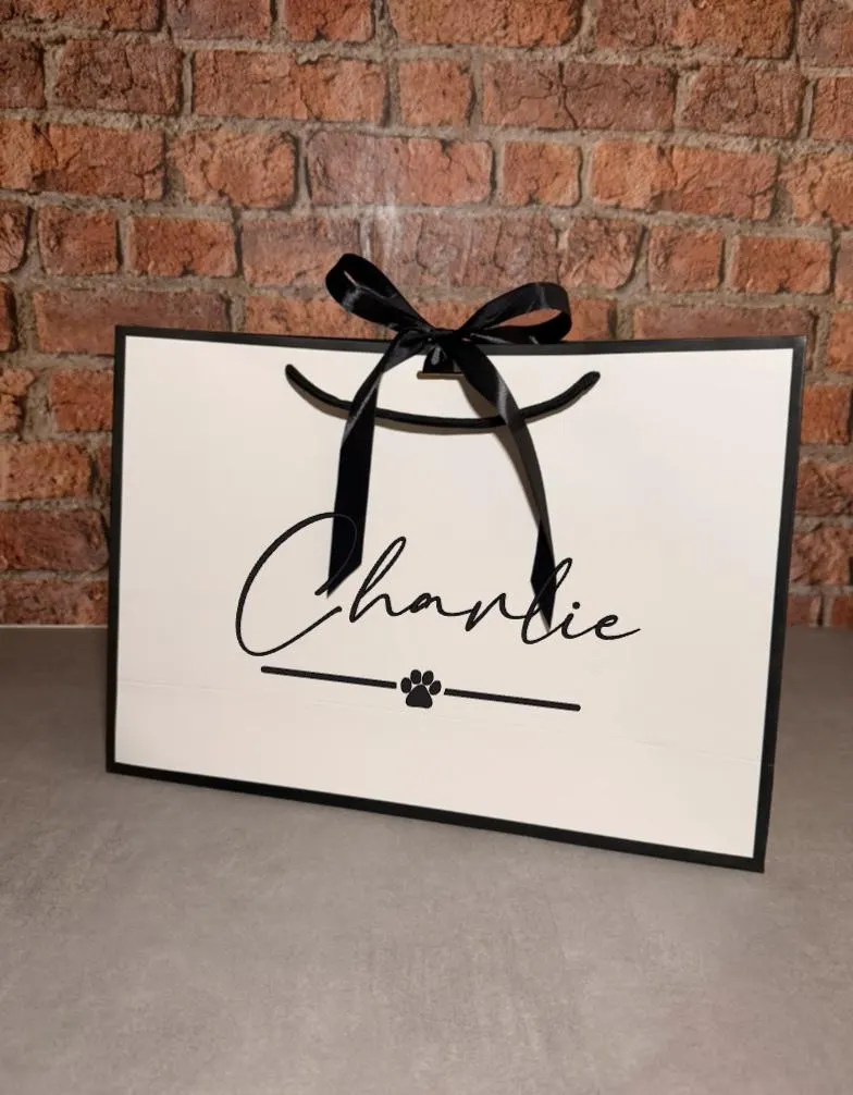 Personalised Dog Gift Bag: White with Black Ribbon - Puppy, Paw Print - image 4