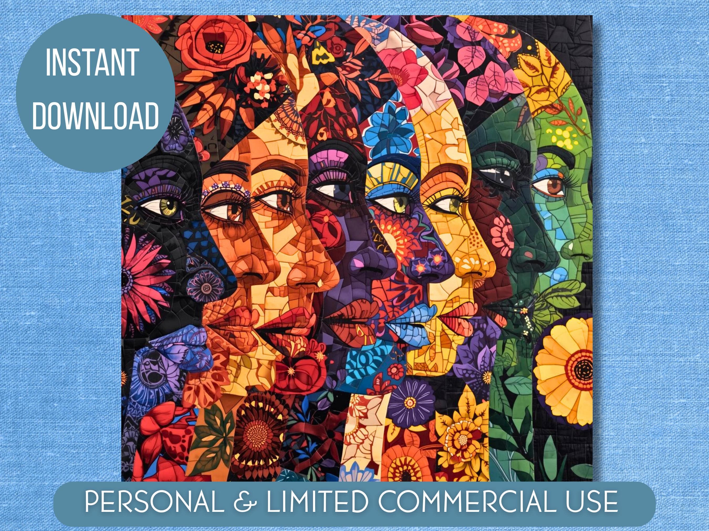 Mosaic Diversity Image| Vibrant Patchwork Female Portrait | Ethnic Women Empowerment Art | Geometric Pattern Decor | Instant Download