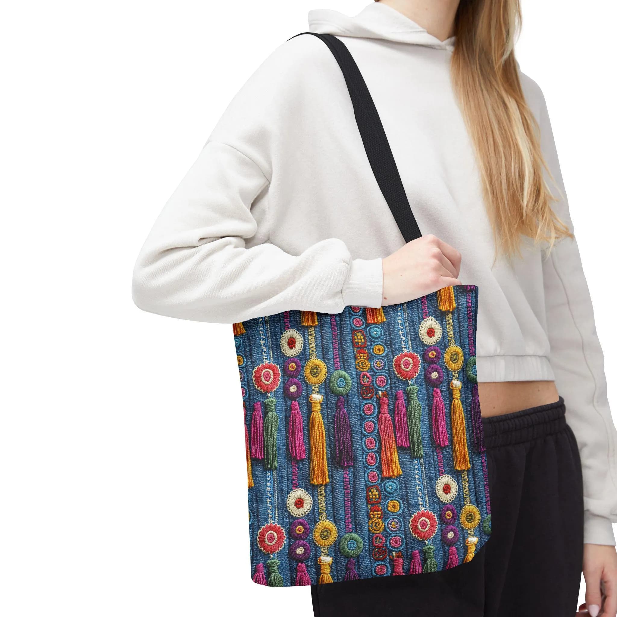 Boho Design colorful jeans print tassel tote bag - image 5
