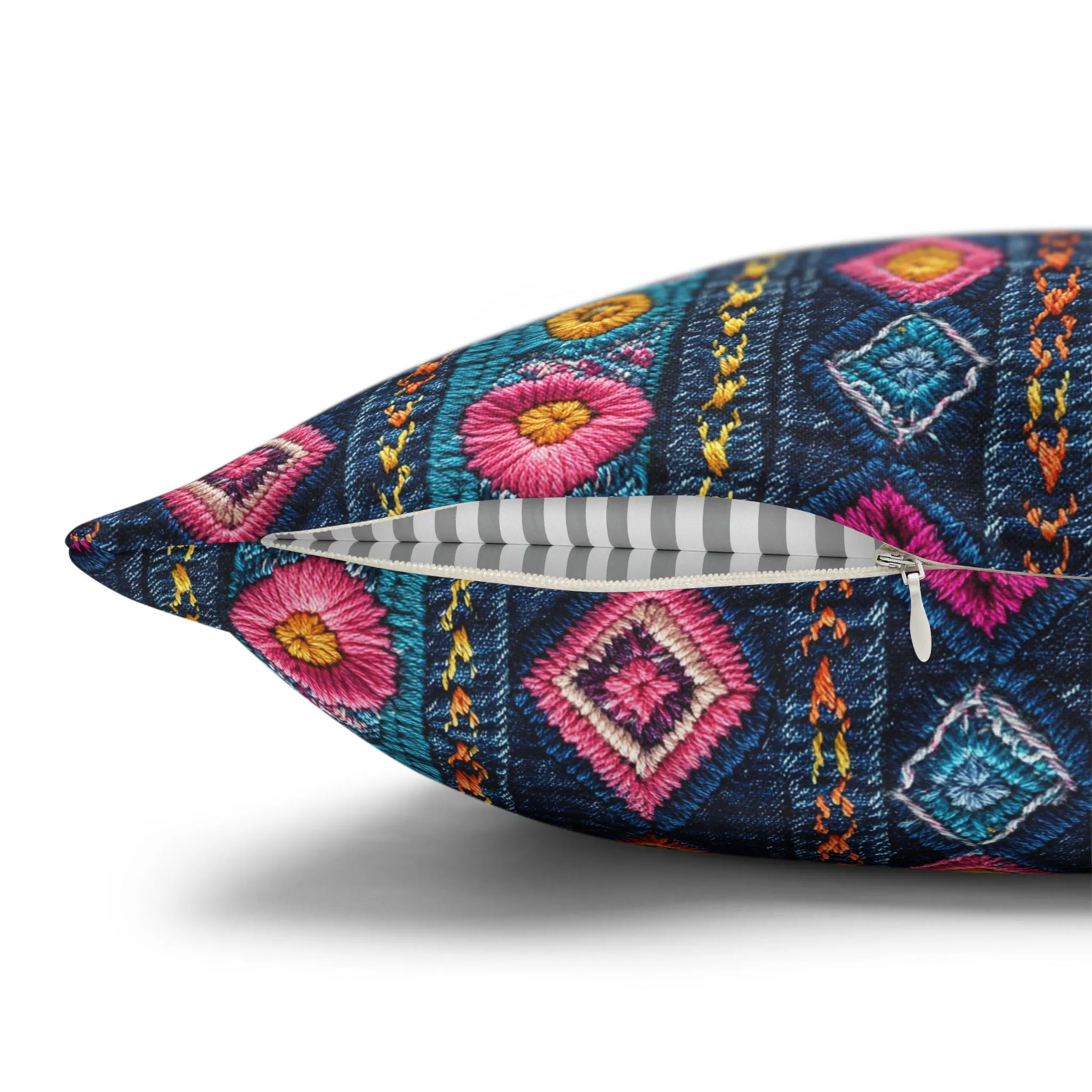 Boho Embroidered Diamond Pattern Pillowcase Square Cushion Cover