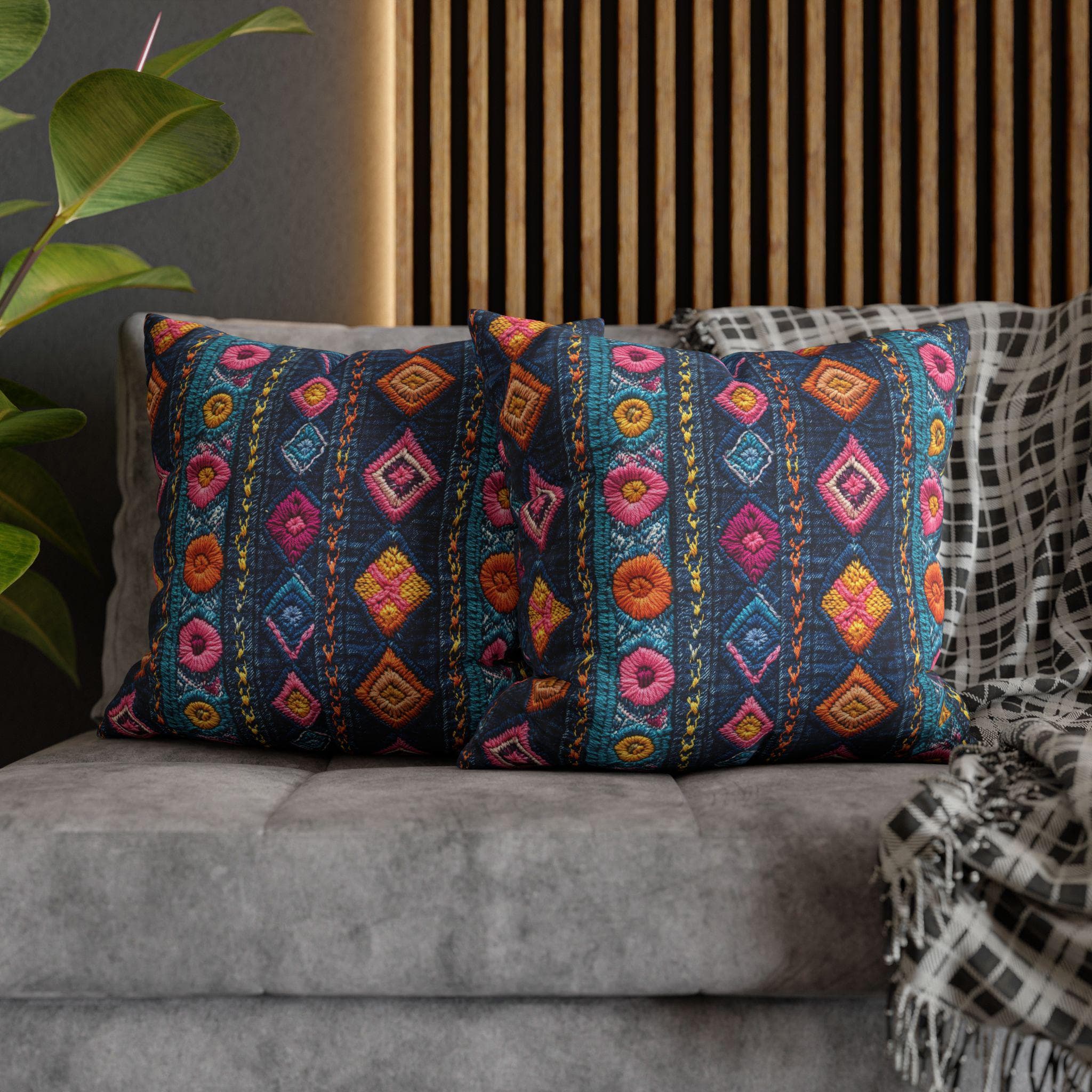Boho Embroidered Diamond Pattern Pillowcase Square Cushion Cover - image 4